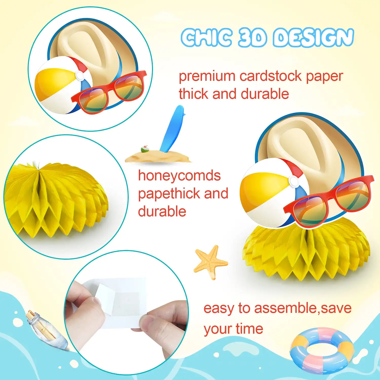 Summer Party Honeycomb Centerpieces - 9pcs summer party decorations honeycomb, beach summer honeycomb centerpiece & beach party centerpiece decorationsfor Summer Beach Party Decorations