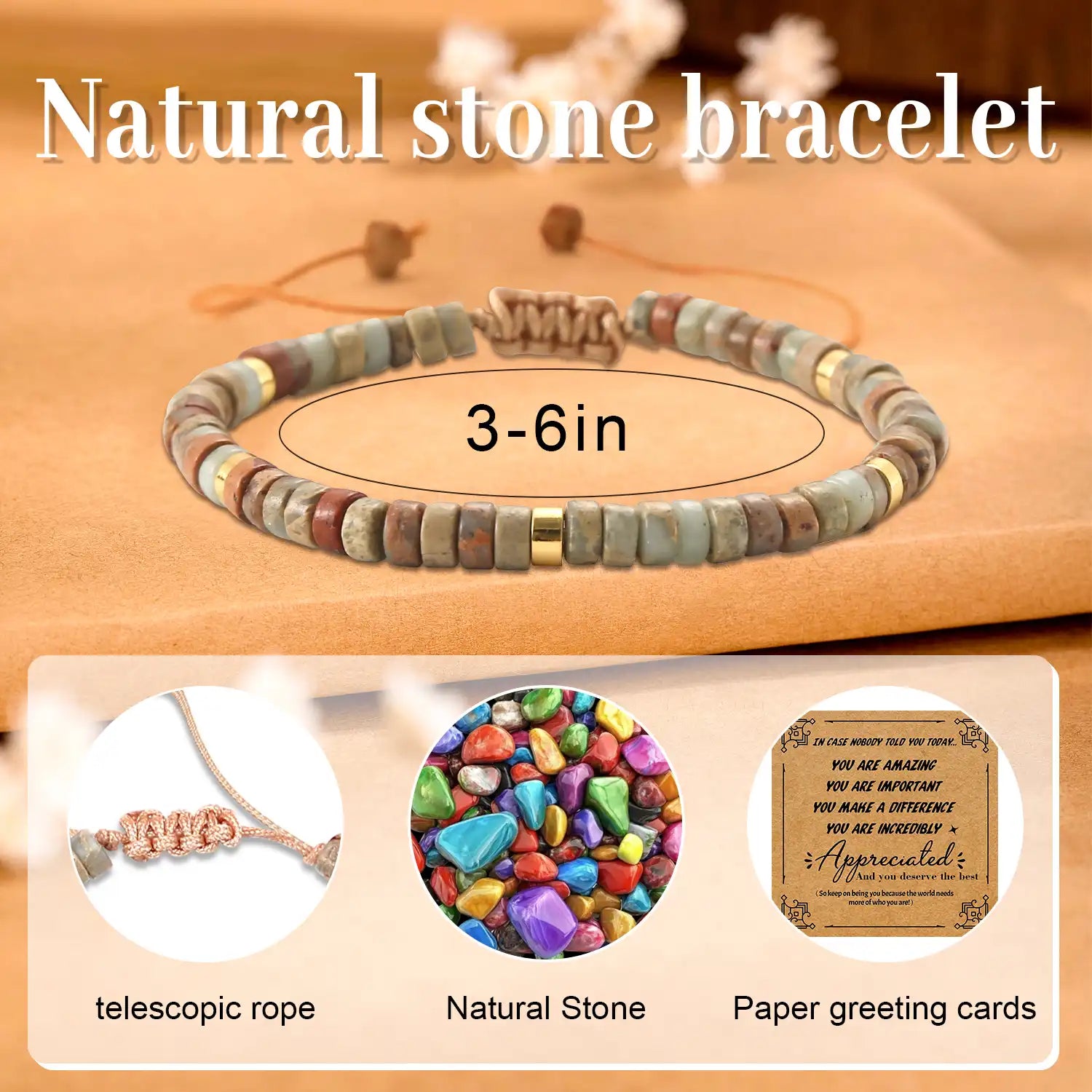 Natural Stone Bracelets, 3 To 6 Inch Wrap Natural Crystal Bracelets Semi-Precious Gemstone Beaded Bracelets Yoga Bracelet Healing Crystal Bracelet Inspirational Bracelets for Women