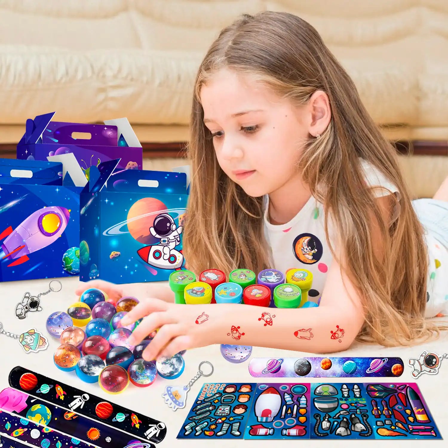 Space Party Favors - 70pcs Space Themed Party Favors, Space Birthday Decorations Includ Space Goodie Bags Stamp Slap Bracelet etc Space Birthday Party Favors for Space Themed Birthday Party Supplies