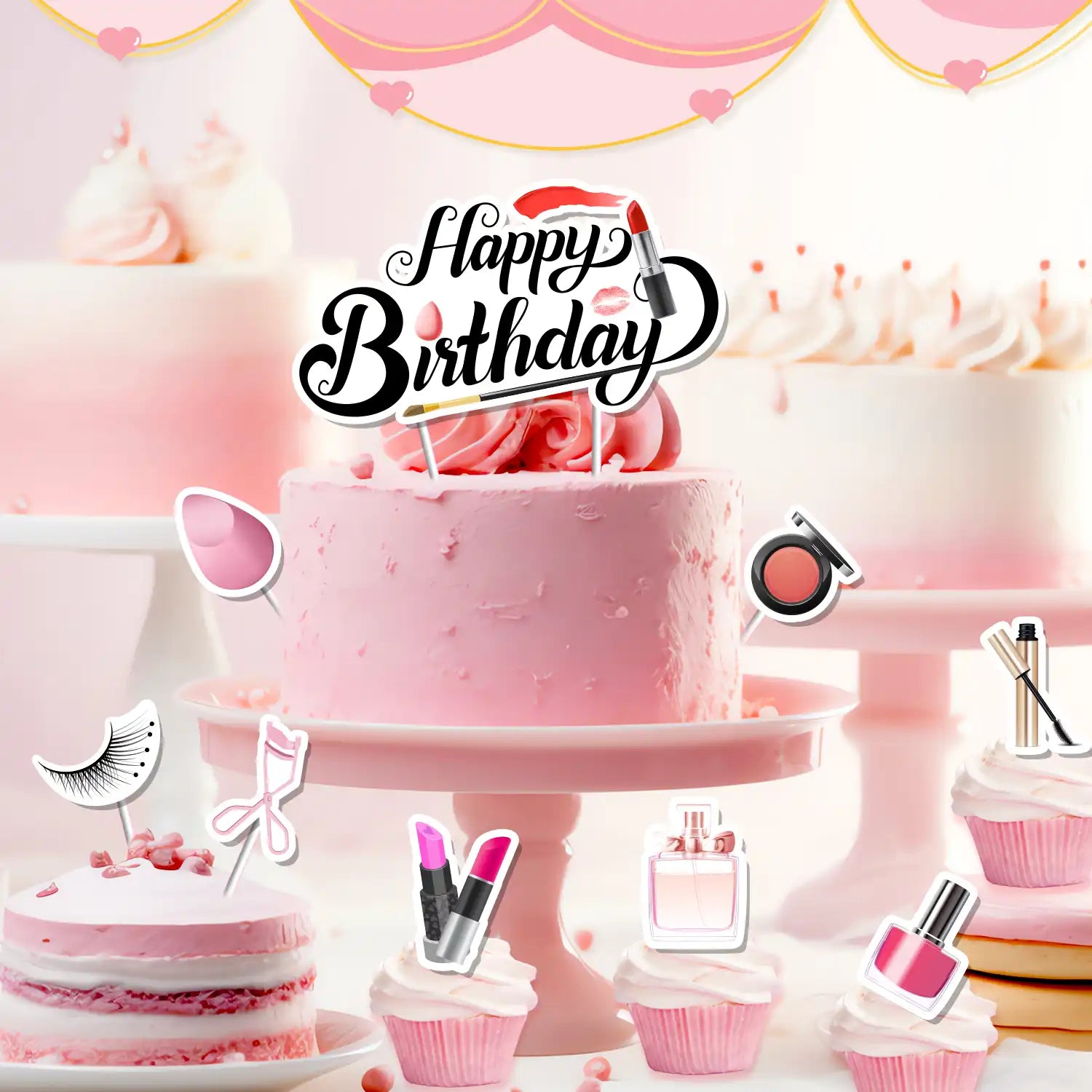 Makeup Cake Decorations, 24 Pcs Makeup Cupcake Toppers/Makeup Party Cupcake Toppers + 1 Pcs Makeup Theme Cake Toppers/Makeup Cake Topper for Makeup Birthday Party Decorations & Spa Party Decorations