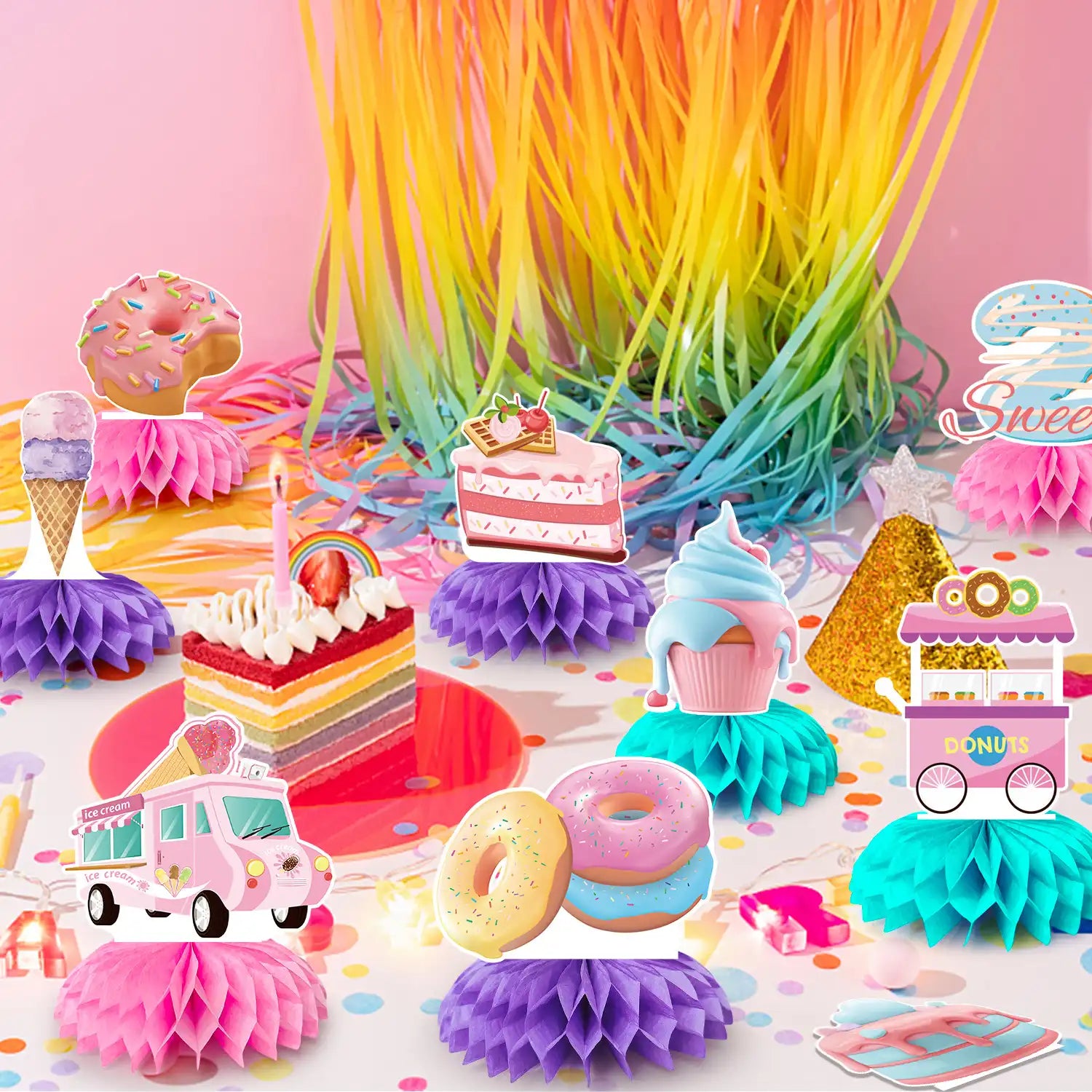 Donut Honeycomb Centerpieces,9pcs Donut Party Honeycomb Centerpieces,Donut Table Honeycomb Centerpieces&Donut Two Sweet Honeycomb Centerpieces Party Decor for Donut Baby Shower & Donut Birthday Party