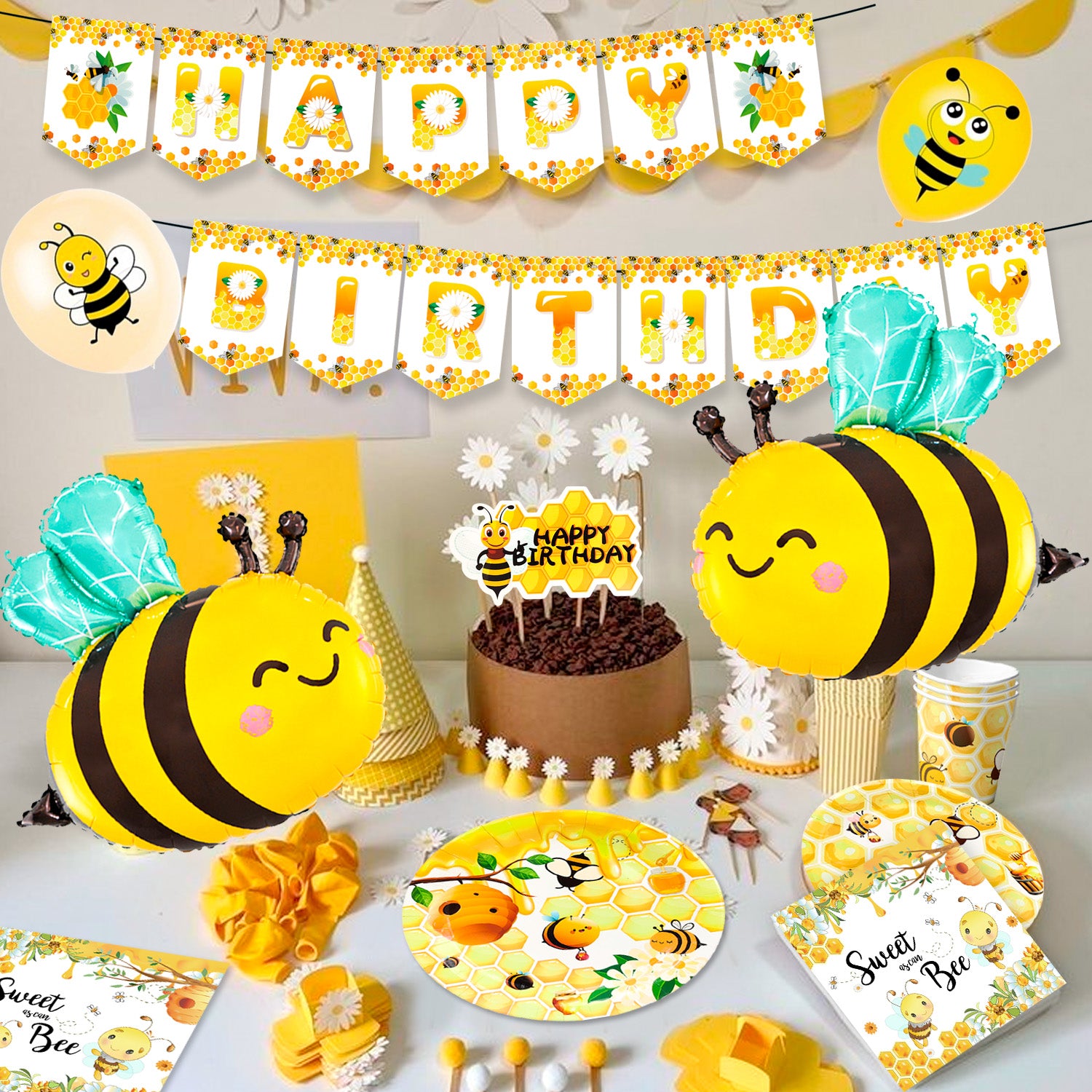 Bee Birthday Decorations,69 Pcs Bee Party Decorations and Tableware Set- Bee Party Plates Cups Napkins Tablecloth & Happy Birthday Bee Banner Balloons Cake Toppers etc Bee Birthday Party Decorations