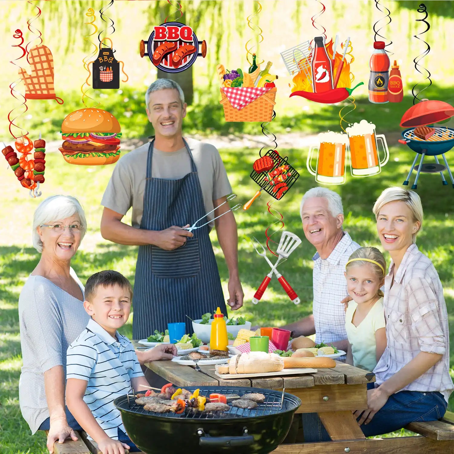 33pcs Summer Picnic Party Hanging Decor, Summer Bbq Hanging Swirls Picnic Birthday Hanging Swirl Barbecue Decor Swirls for Backyard Summer Bbq Party Supplies Decorations