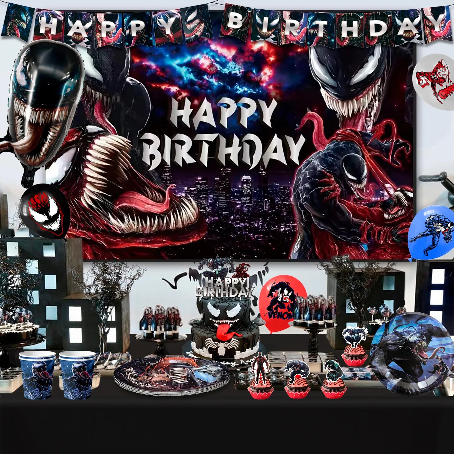 Venom Birthday Party Decoration Supplies, 83 Pcs Venom Party Supplies including Venom Cake Decorations Balloons Banners Plates Napkins Cups and Other Venom Party Decorations for Girls and Boys