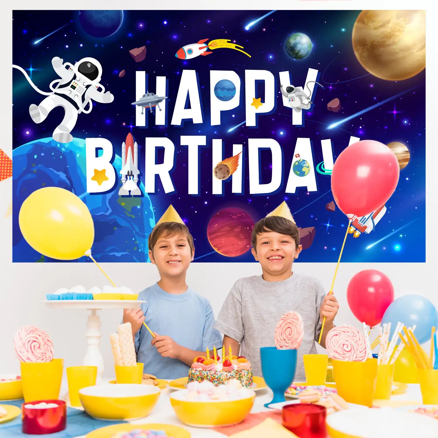 Space Backdrop, 71'' x 43'' Outer Space Birthday Backdrop, Outer Space Happy Birthday Backdrop & Space Themed Party Backdrop, for Outer Space Party Decorations & Outer Space Birthday Decorations