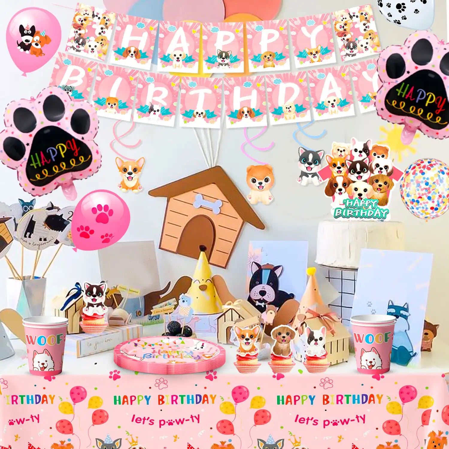 Puppy Birthday Decorations, 16 Guests Puppy Party Decorations & Pink Dog Tableware Set- Pink Puppy Plates Cups Napkins & Dog Birthday Banner Balloons Cupcake Toppers etc Dog Birthday Party Supplies