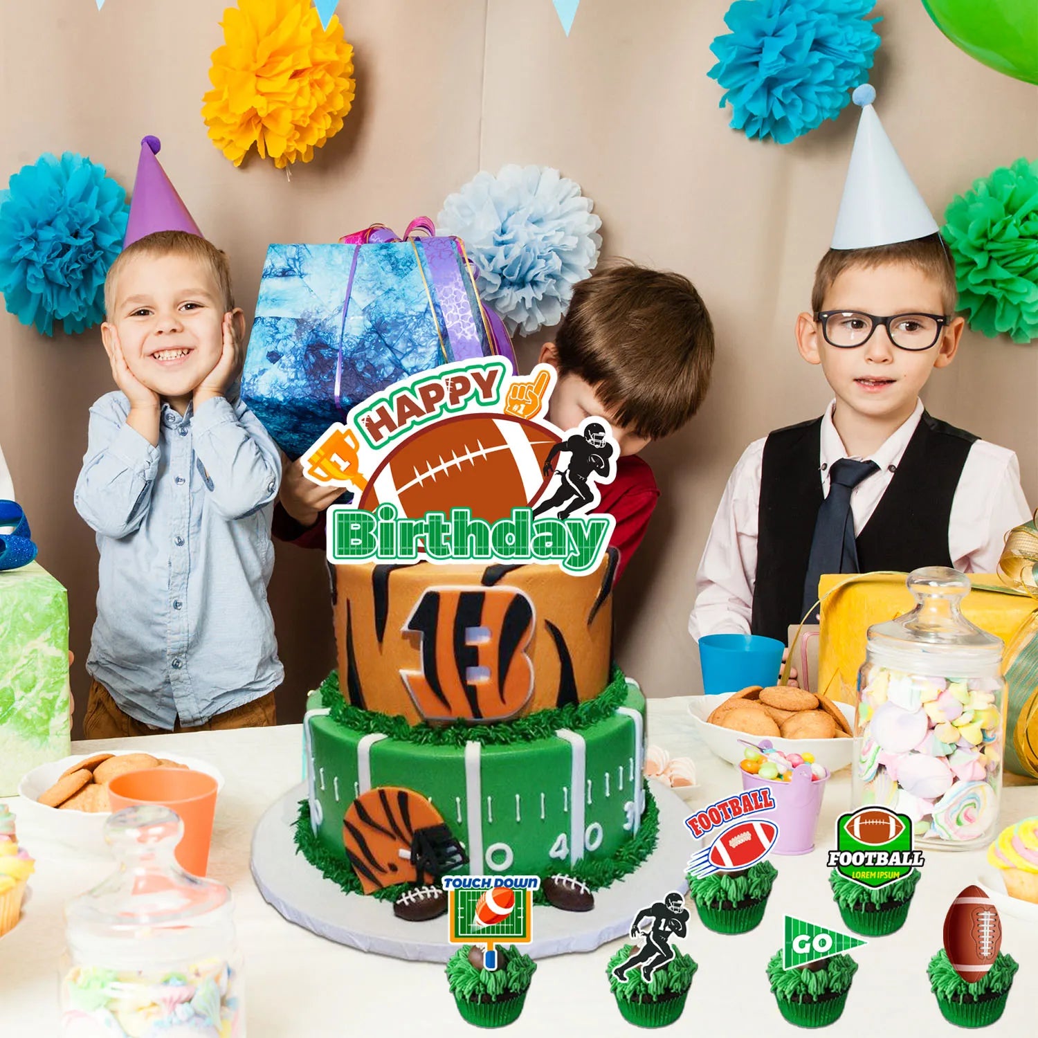 Super Bowl Cake Toppers, 12 Pcs Football Cupcake Toppers Rugby Ball Cupcake Decoration & 1 Pcs Football Birthday Cake Topper/Football Cake Decorations for Football Birthday Party Decorations