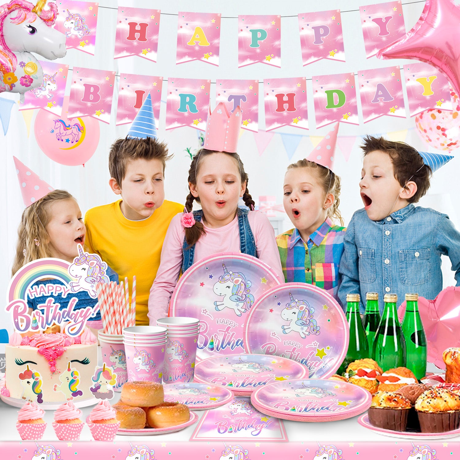 Unicorn Birthday Party  Decoration Supplies, 16 Guests Unicorn Party Tableware Set, Unicorn Paper Plates Napkins Table Cloth Balloon Banner Headband etc