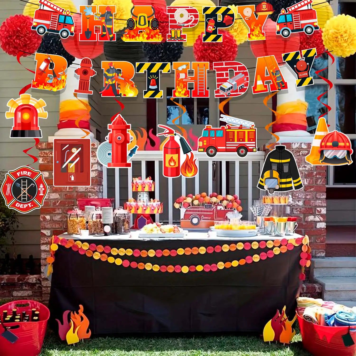 Fire Truck Birthday Decorations Set - Firetruck Birthday Decorations Banner & Fire Truck Party Hanging Swirls, Fire Resuce Theme Hanging Swirls for Firefighter Birthday Party Decorations Supplies