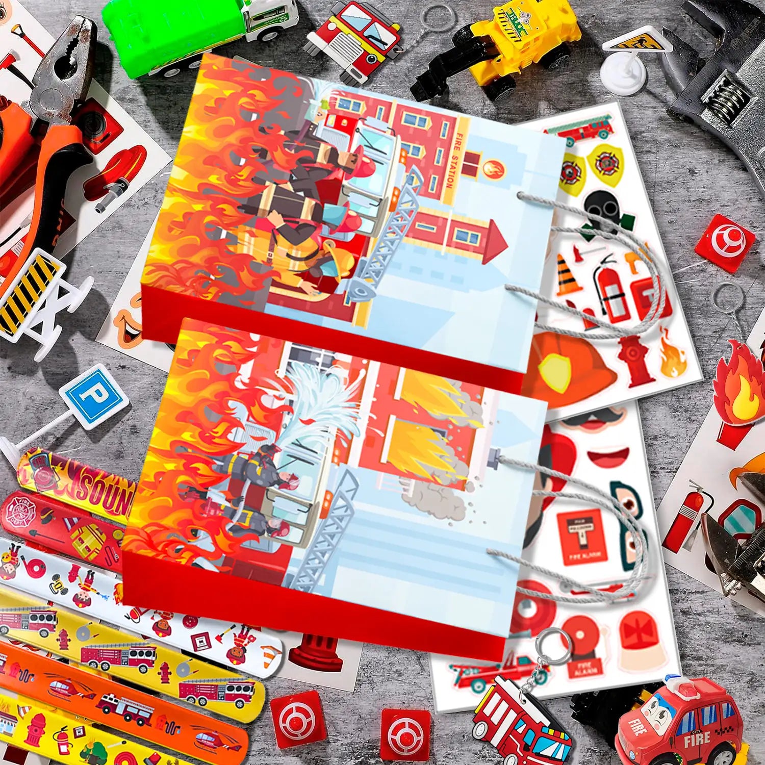 Firefighter Party Favors,12 Guests Fire Truck Party Favors Set- Firefighter Party Stickers Slap Bracelets Keychains etc Firefighter Themed Party Favors for Firefighter Birthday Party Decorations Supplies