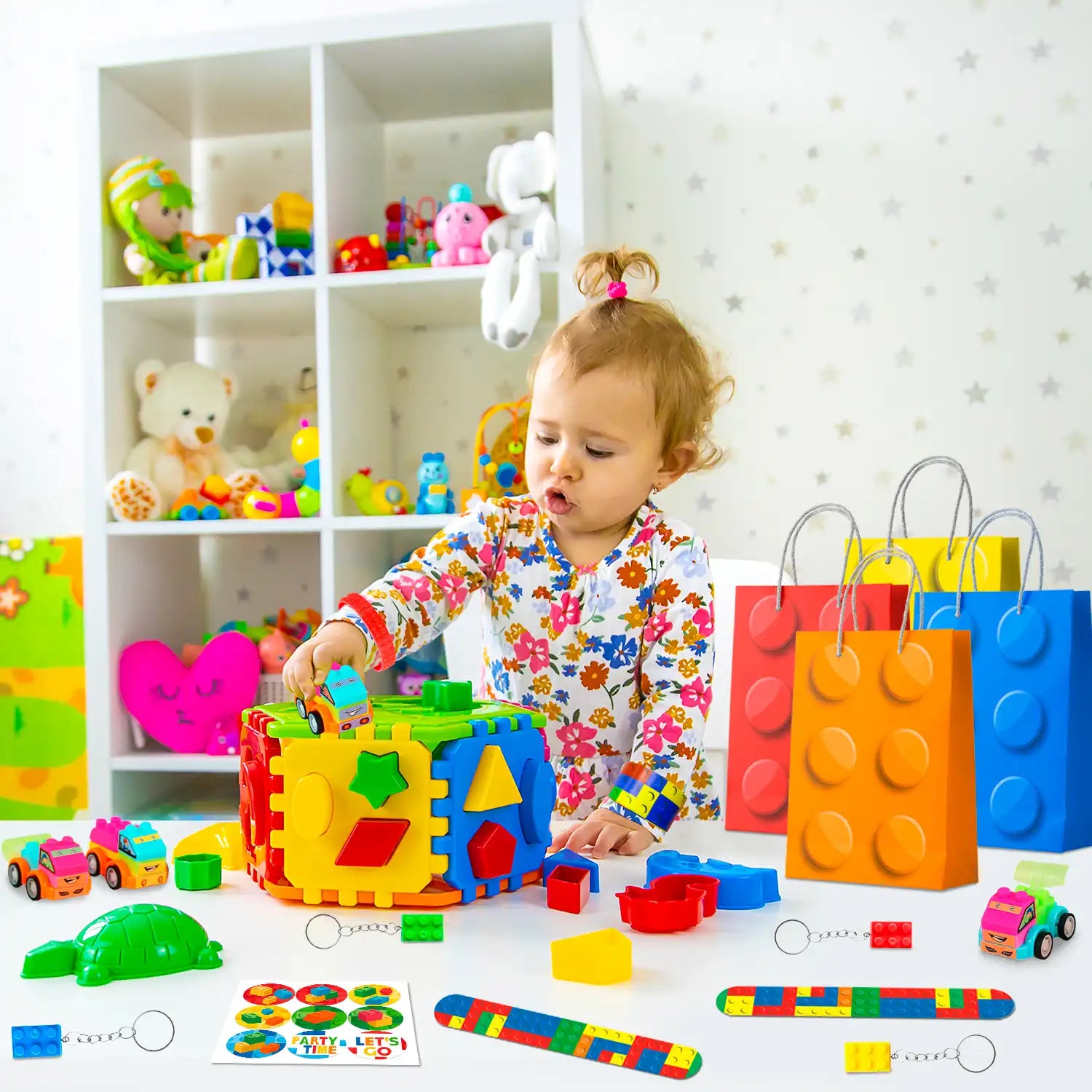 Building Block Birthday Party Favors, 12 Guests Building Blocks Party Favors Set- Building Block Favor Bags,Building Block Birthday Party Keychains Slap Bracelets etc Building Block Themed Party Favors
