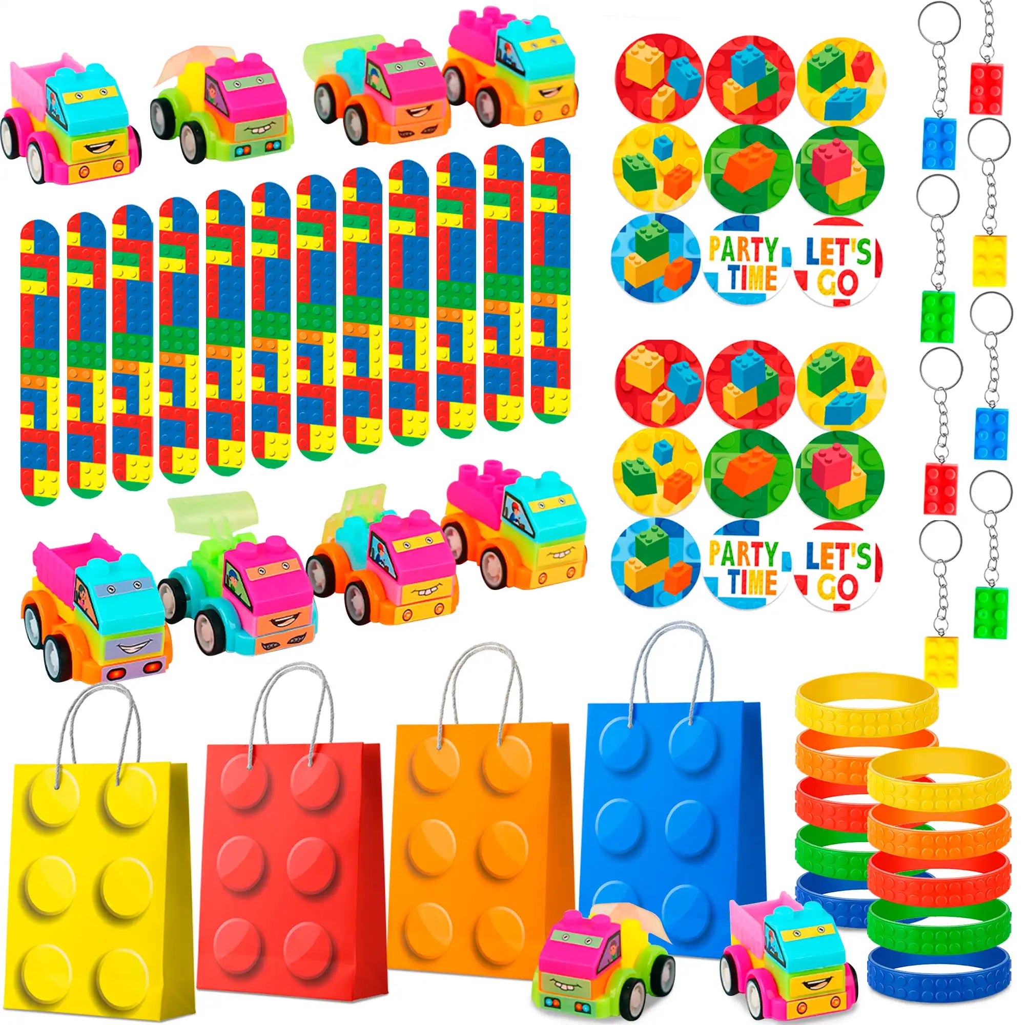 Building Block Birthday Party Favors, 12 Guests Building Blocks Party Favors Set- Building Block Favor Bags,Building Block Birthday Party Keychains Slap Bracelets etc Building Block Themed Party Favors