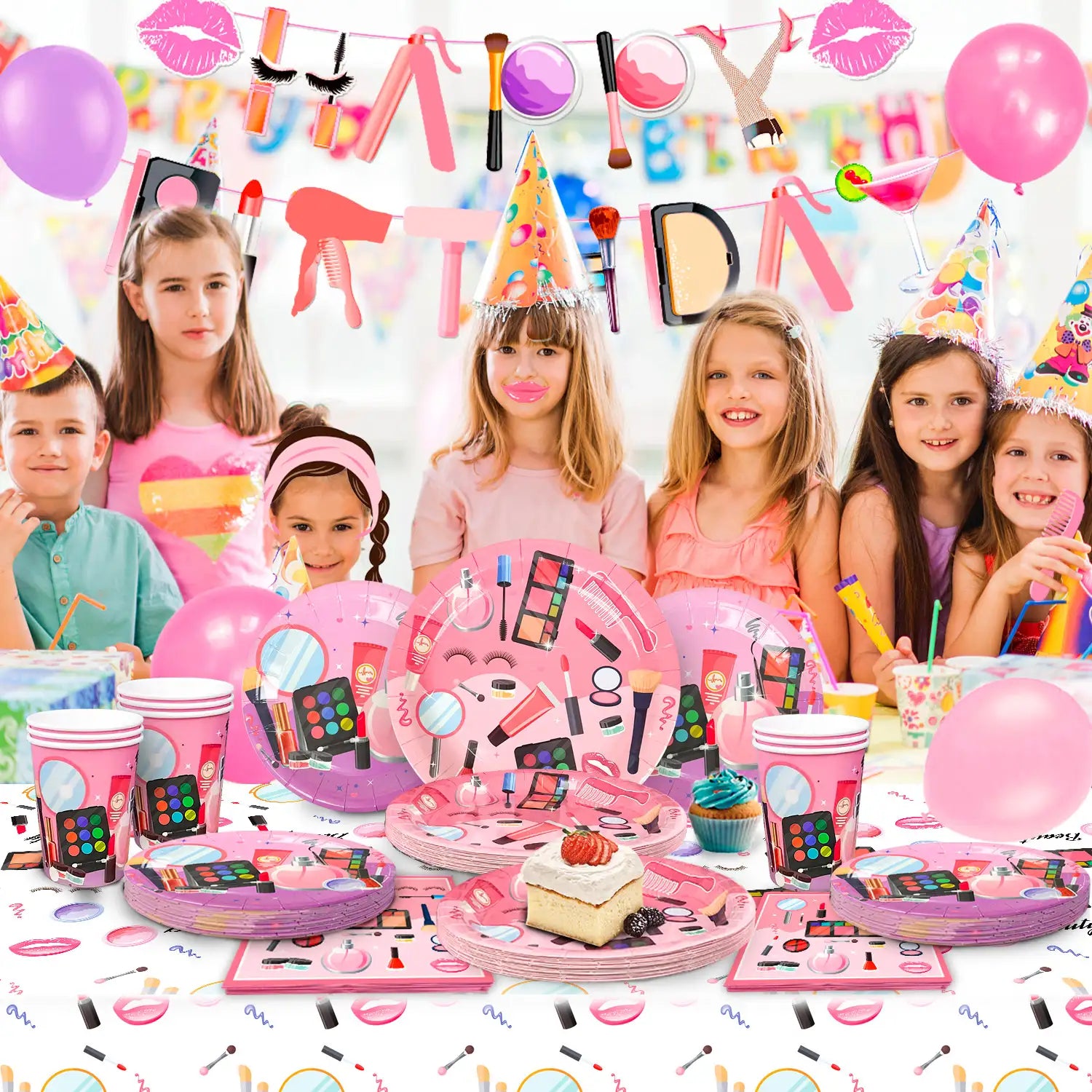 Makeup Birthday Party Supplies, 16 Guests Spa Party Decorations Set-Makeup Theme Party Decoration Plates Cups Napkins Banner Balloon Photo Booth Props etc Makeup Birthday Party Decorations for Girls Women