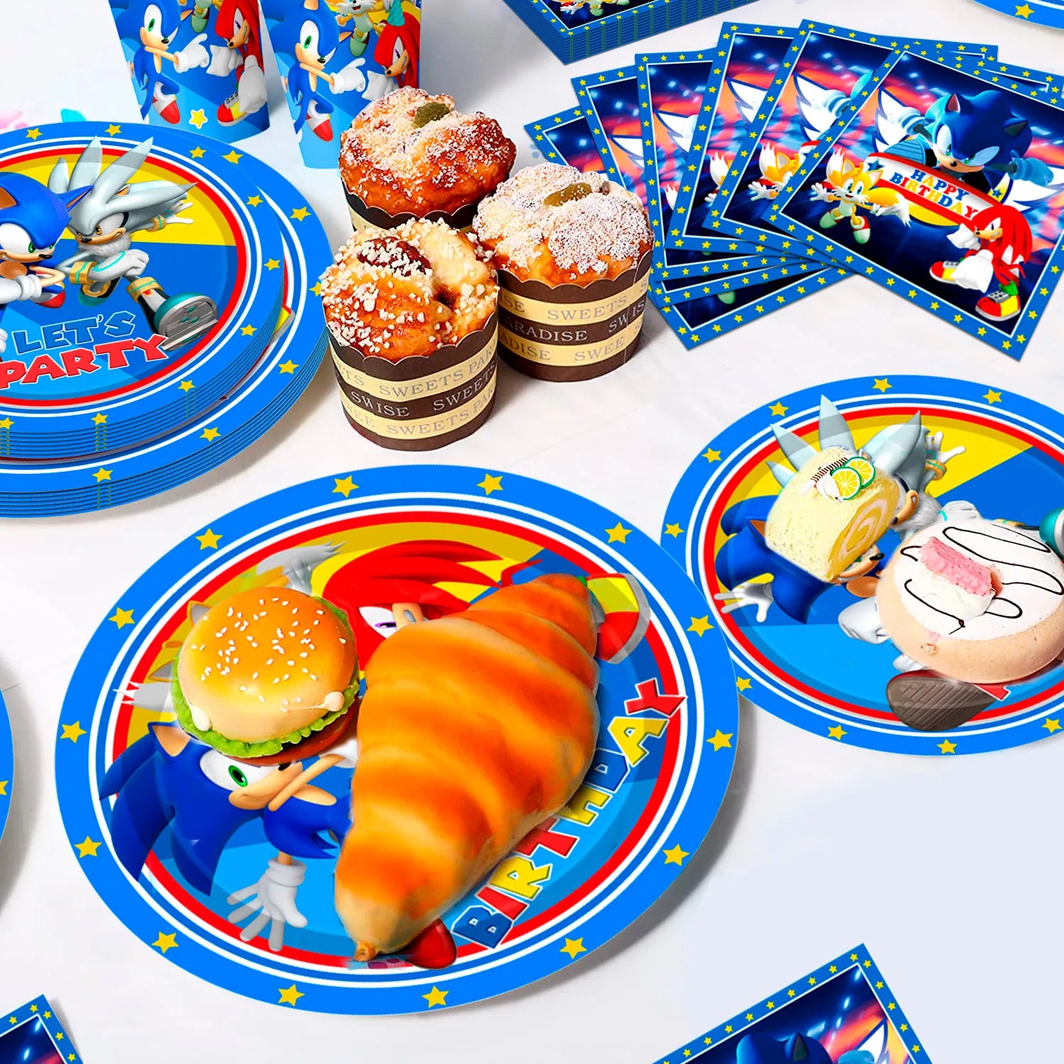 Sonic Birthday Party Supplies,88pcs Sonic Birthday Decorations Include Sonic Birthday Banner Ballons Plates Cups Napkins Cake Toppers Tablecover Tableware Set,ect Sonic The Hedgehog Party Supplies