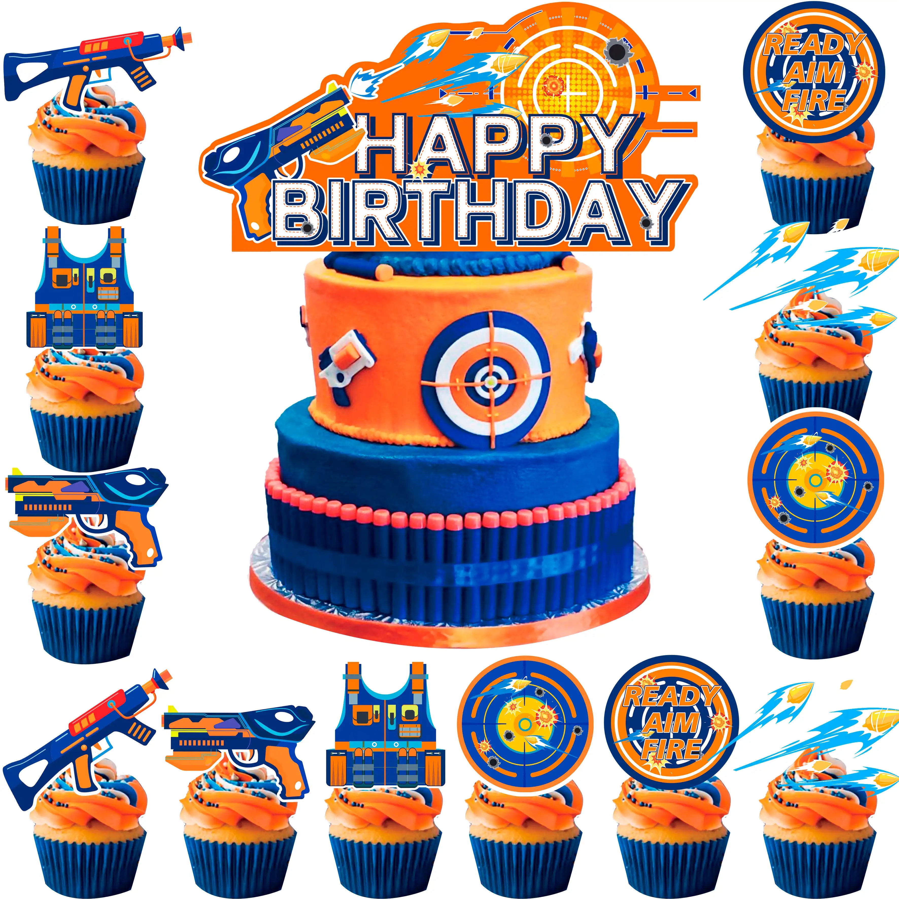 Dart War Party Decorations,12 Pcs Dart War Party Cake Topper Set -Dart Gun Cake Topper + Dart War Cupcake Toppers/Dart War Party Cupcake Toppers for Dart War Birthday Party & Gun Party Decorations
