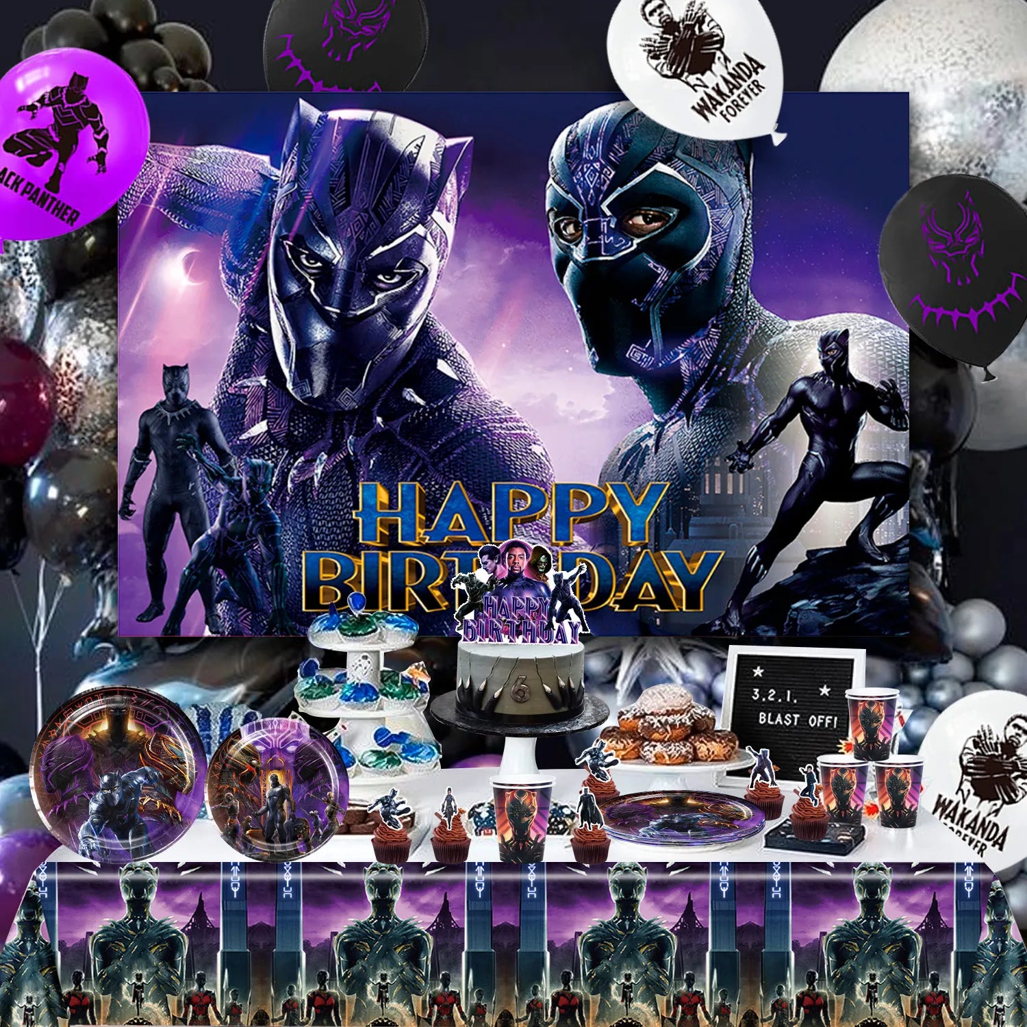 Black Panther Birthday Party Supplies, 10-Person Party Decoration Tableware Set - Black Panther Balloons Background Banner Plates and Other Black Panther Theme Party Decorations