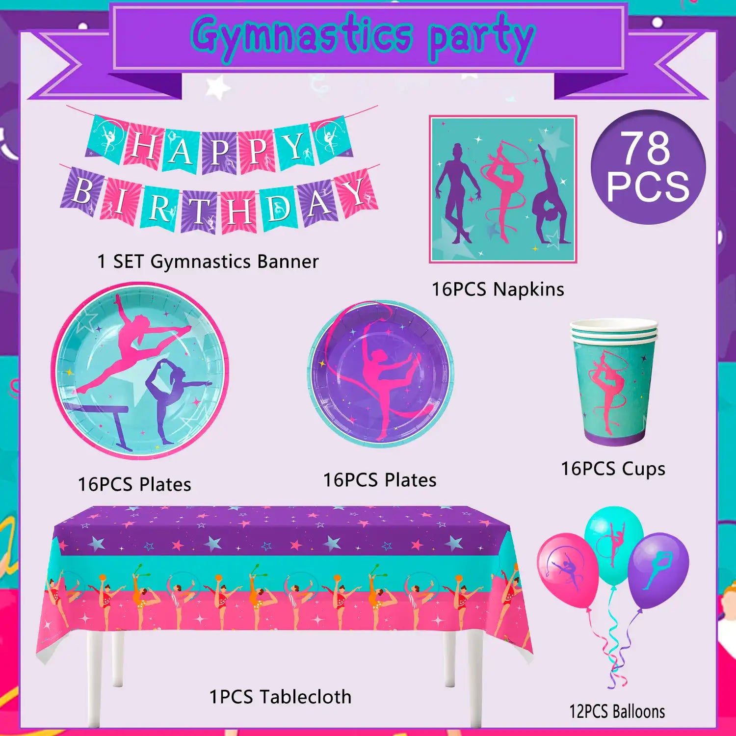Gymnastics Birthday Party Supplies, 16 Guests Gymnastics Party Decorations&Tableware Kit - Gymnastics Plates and Napkins Cups Tablecloth Balloons Banner etc Gymnastics Decorations for Birthday Party