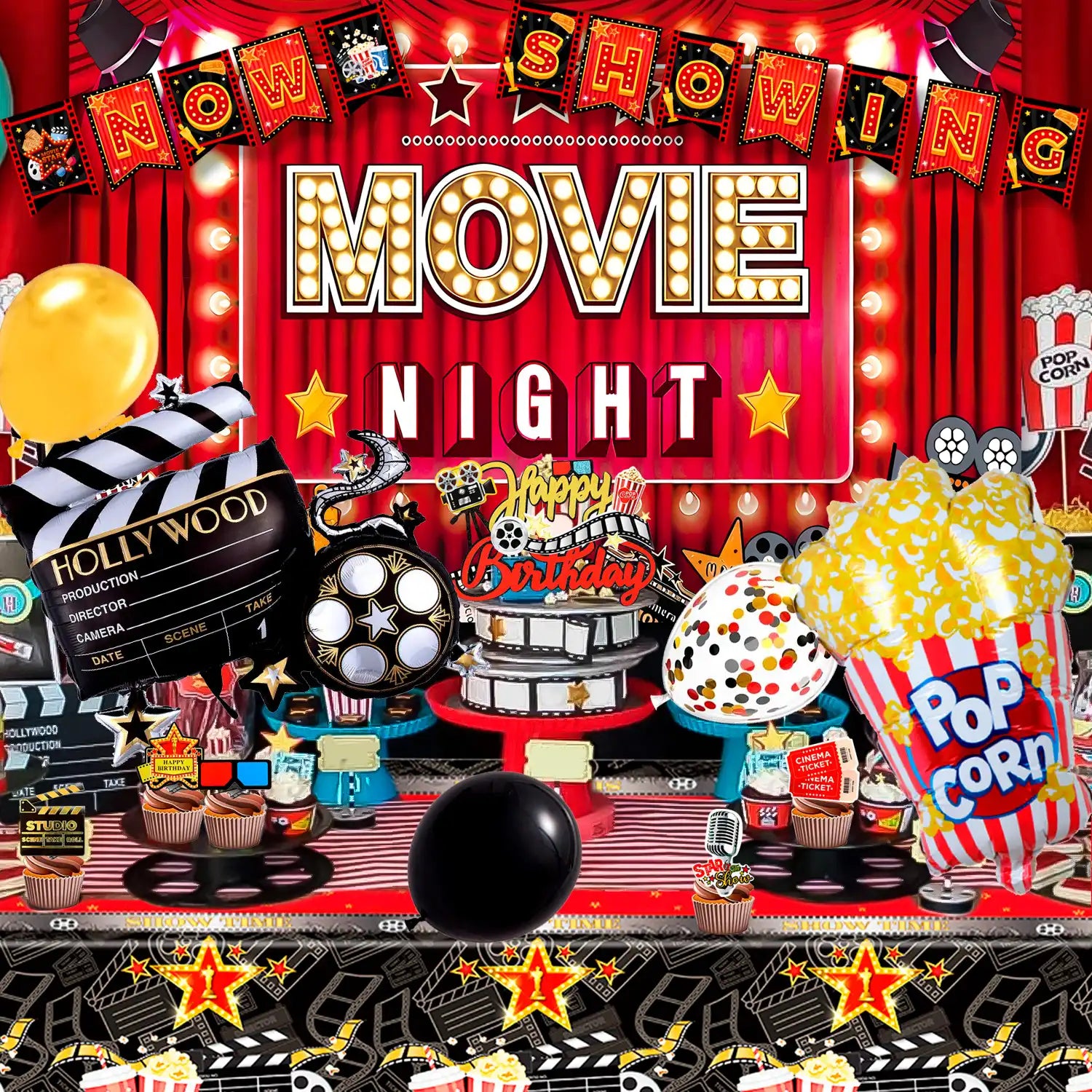 Movie Night Party Decorations, 84 Pcs Movie Night Party Supplies - Movie Night Party Balloons Backdrop Tablecloth & Movie Night Happy Birthday Banner etc Movie Night Birthday Party Decorations