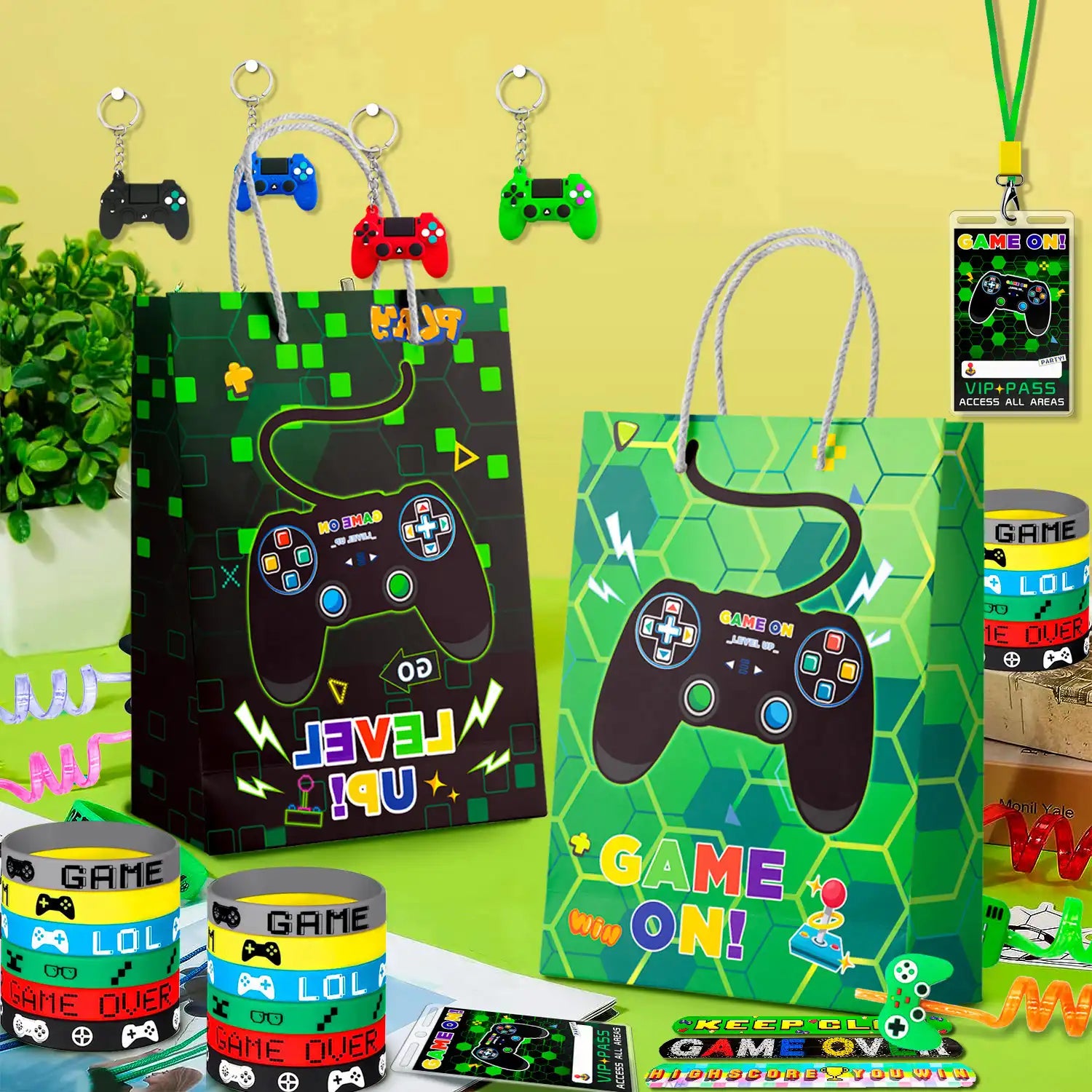 Video Game Party Favors for Kids, 12 Guests Gamer Party Favors Set Including Video Game Wristband Slap Bracelets Keychain Vip Pass Ticket & Gamer Goodie Bags etc Gaming Party Favors for Boys