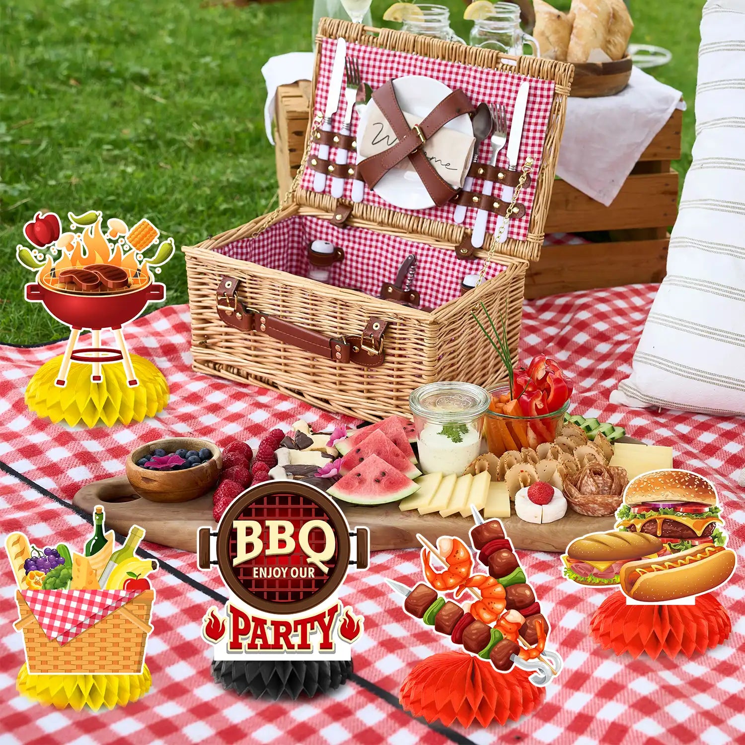 9pcs BBQ Baby Shower Centerpieces, Summer BBQ Centerpieces Summer BBQ Table Decor BBQ Theme Honeycomb Centerpieces for Picnic Party Decorations Supplies Summer Barbecue Holidays Supplies
