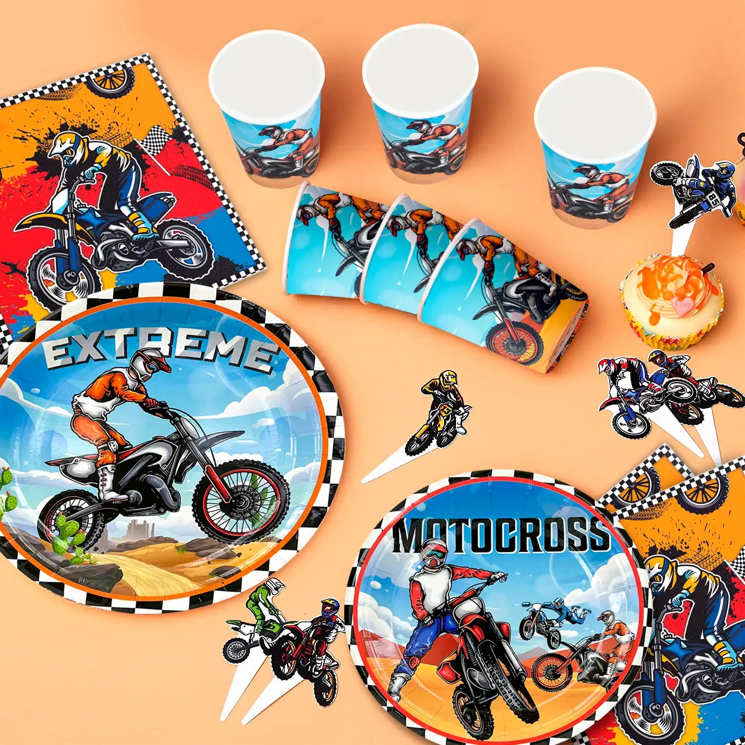Motorcycle Birthday Supplies, 54pcs Motorcycle Birthday Decorations&Motorcycle Theme Party Tableware Set- Dirt Bike Party Plates and Napkins Cups & Banner Balloon etc Motocross Party Supplies for Boys