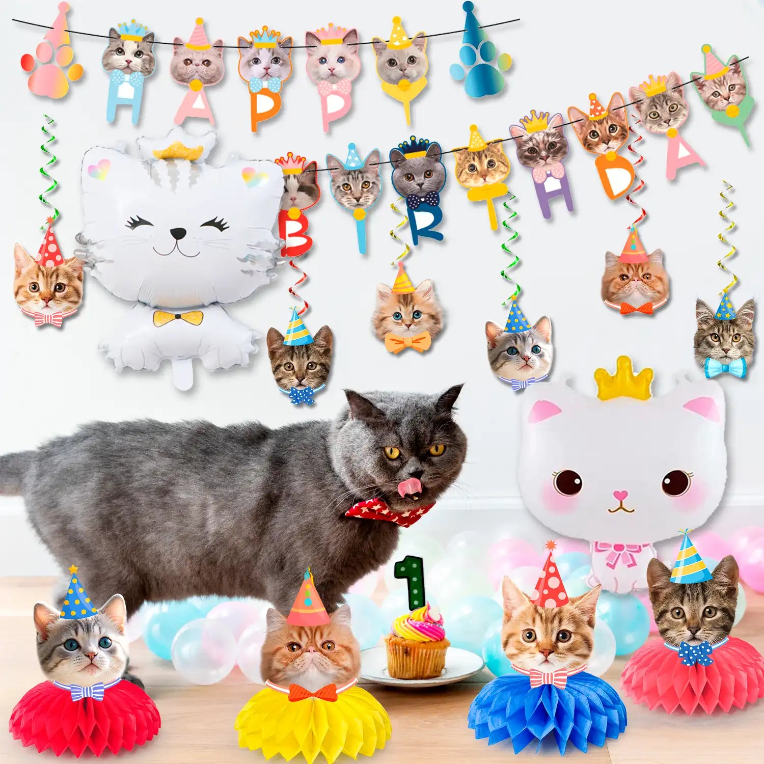 Cat Birthday Party Decorations, 27 Pcs Cat Birthday Decorations Set - Cat Themed Birthday Banner Balloon & Cat Swirl Decorations etc Cat Party Decorations for Cat Themed Birthday Party Supplies