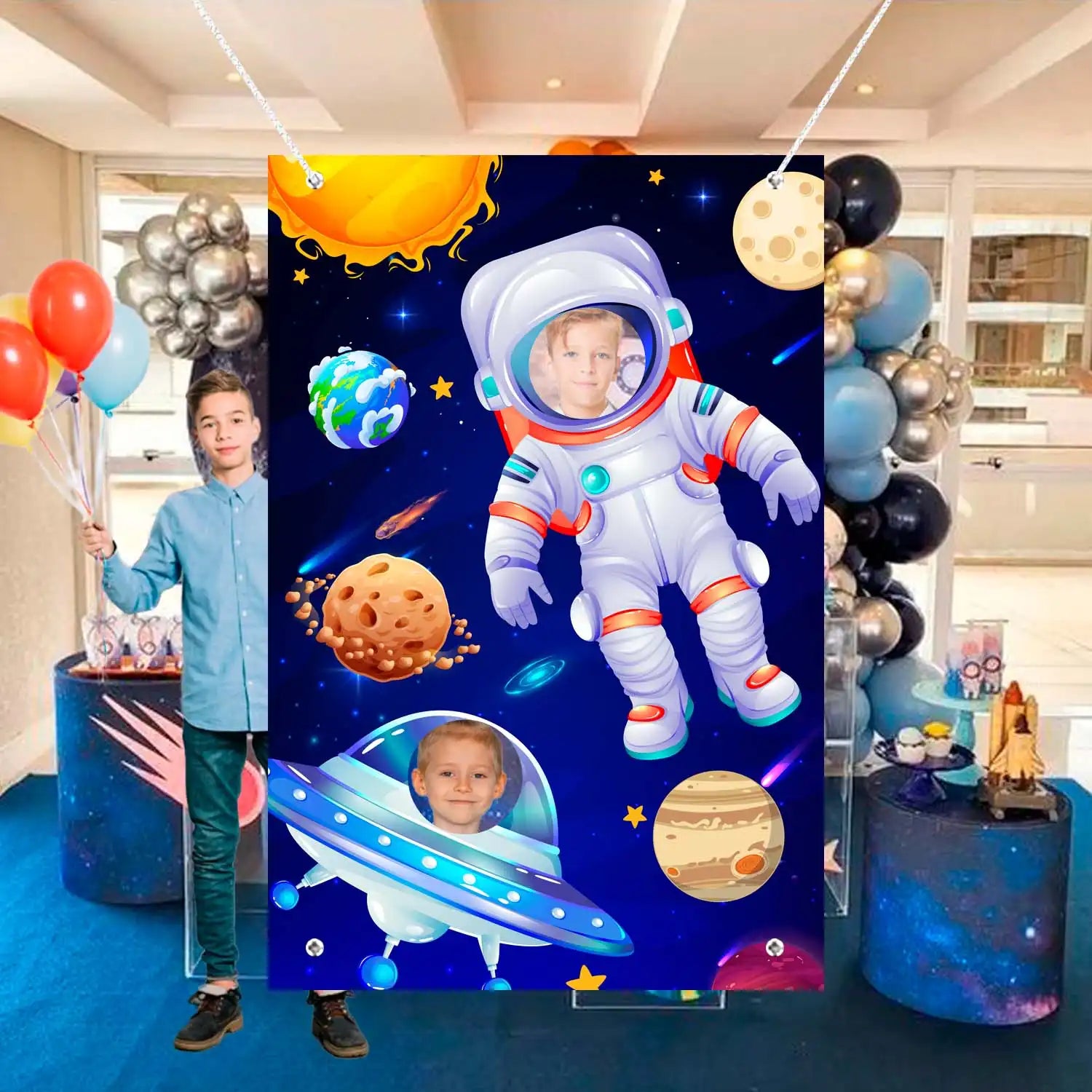 Astronaut Face Photography Background, 59.06''x39.37'' Space Theme Backdrop/Outer Space Birthday Party Backdrop/Outer Space Party Backdrop for Space Photo Prop & Space Birthday Party Decorations