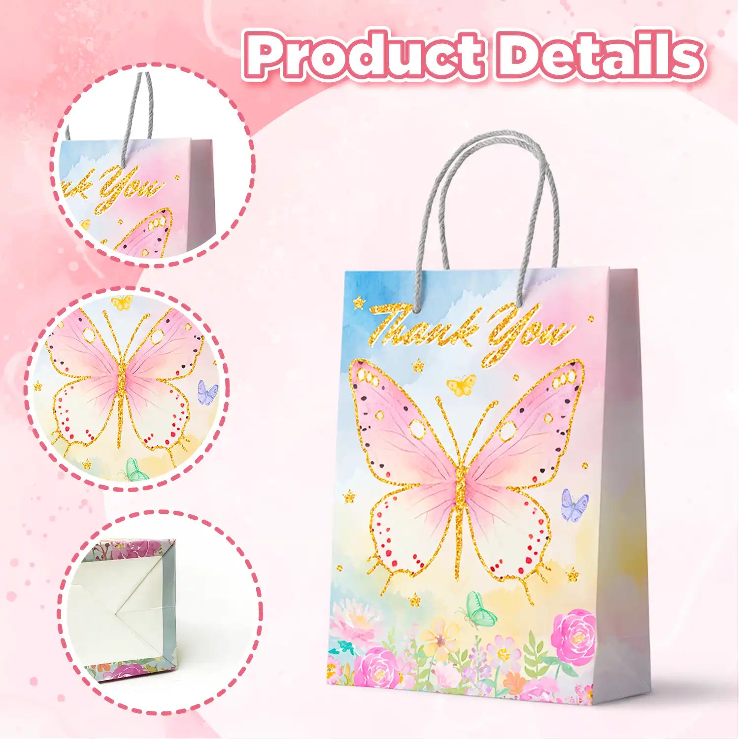 Butterfly Party Favor Bags with Handles, 24pcs Butterfly Goodie Bags for Birthday Party/Butterfly Gift Bags/Butterfly Candy Bags/Butterfly Treat Bags, Butterfly Paper Bags for Butterfly Decorations