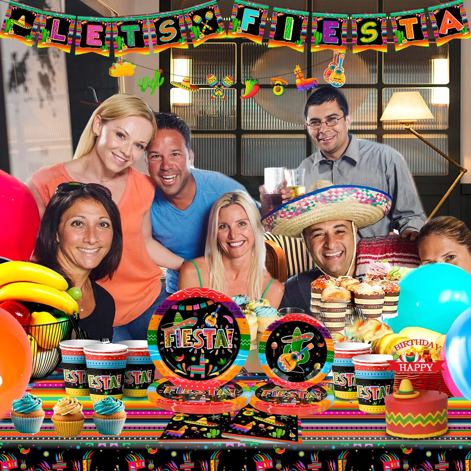 Mexican Themed Fiesta Party Supplies, 20 Guests Mexican Party Paper Tableware set Including Fiesta Plates Cups Napkins Tablecloth and Banner ect Fiesta Themed Party Supplies, for 20 Guests