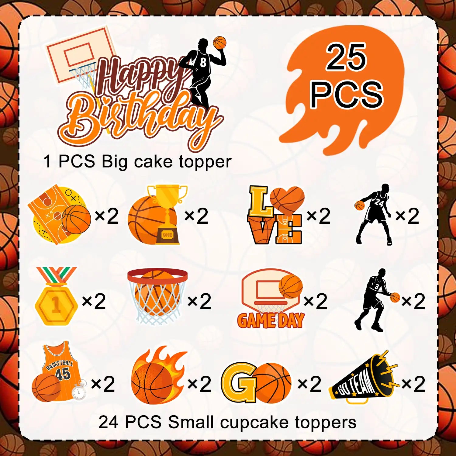 Basketball Cake Topper, 24 Pcs Basketball Cupcake Toppers/Basketball Party Cupcake Toppers & 1 Pcs Basketball Cake Decorations/Basketball Birthday Cake Topper for Basketball Party Decorations Supplies