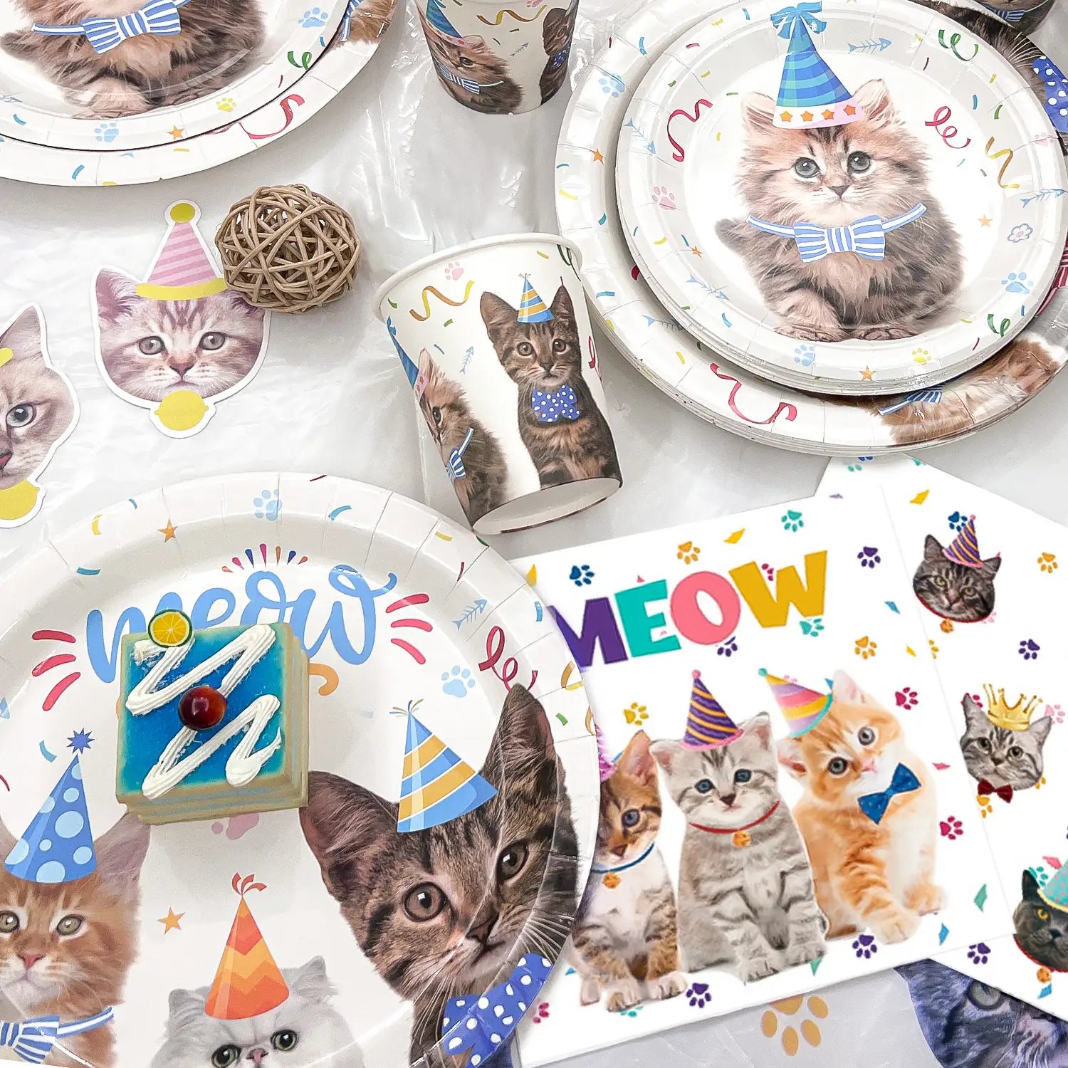 Cat Birthday Party Supplies, 16 Guests Cat Birthday Decorations & Cat Theme Tableware Set-Cat Party Plates Napkins Tablecloth&Cat Birthday Banner Balloons etc Cat Themed Birthday Party Supplies for Girls