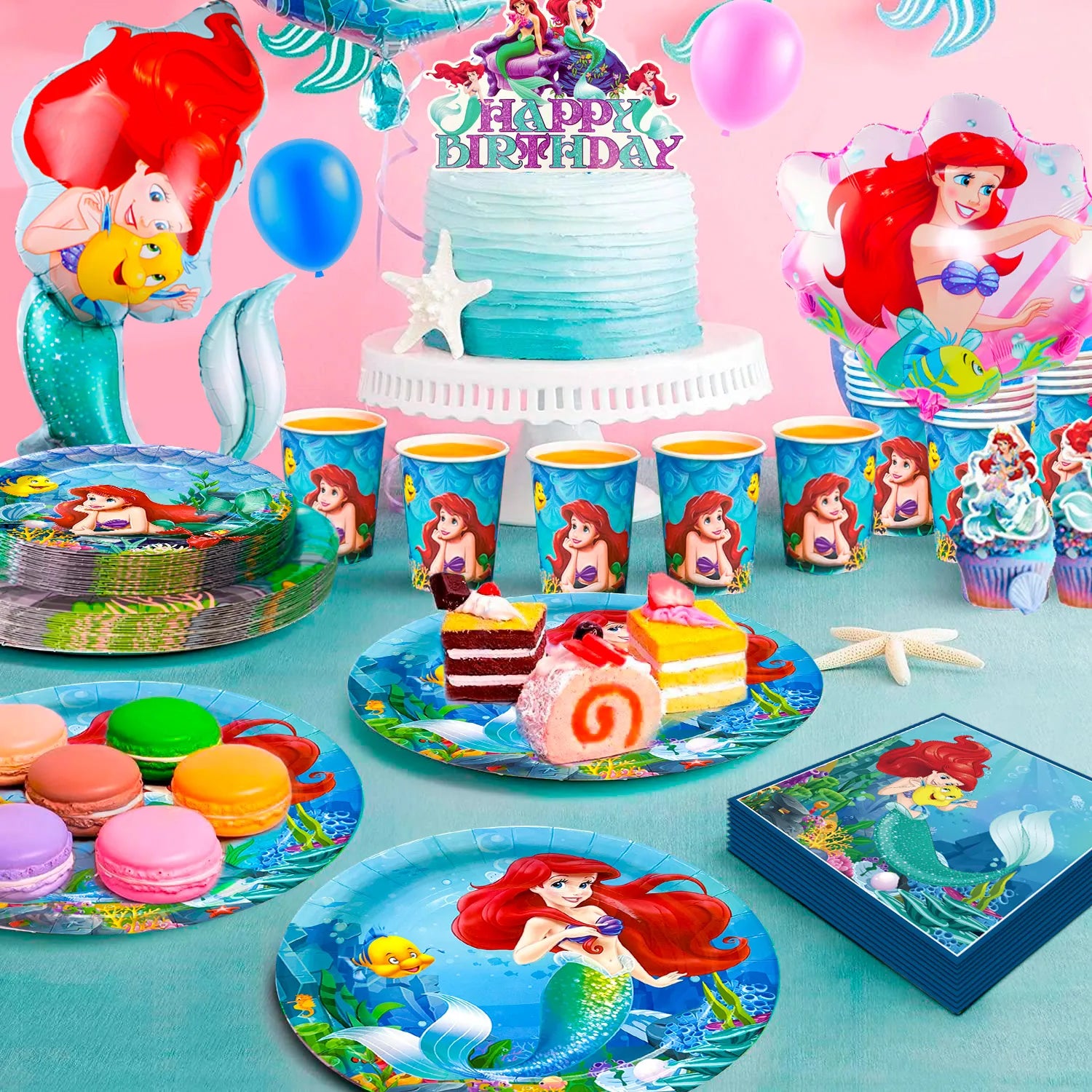 Little Mermaid Birthday Party Supplies,155pcs Little Mermaid Party Decorations and Tableware Set- Little Mermaid Party Plates and Napkins Stickers Backdrop etc Little Mermaid Birthday Party Theme Supplies