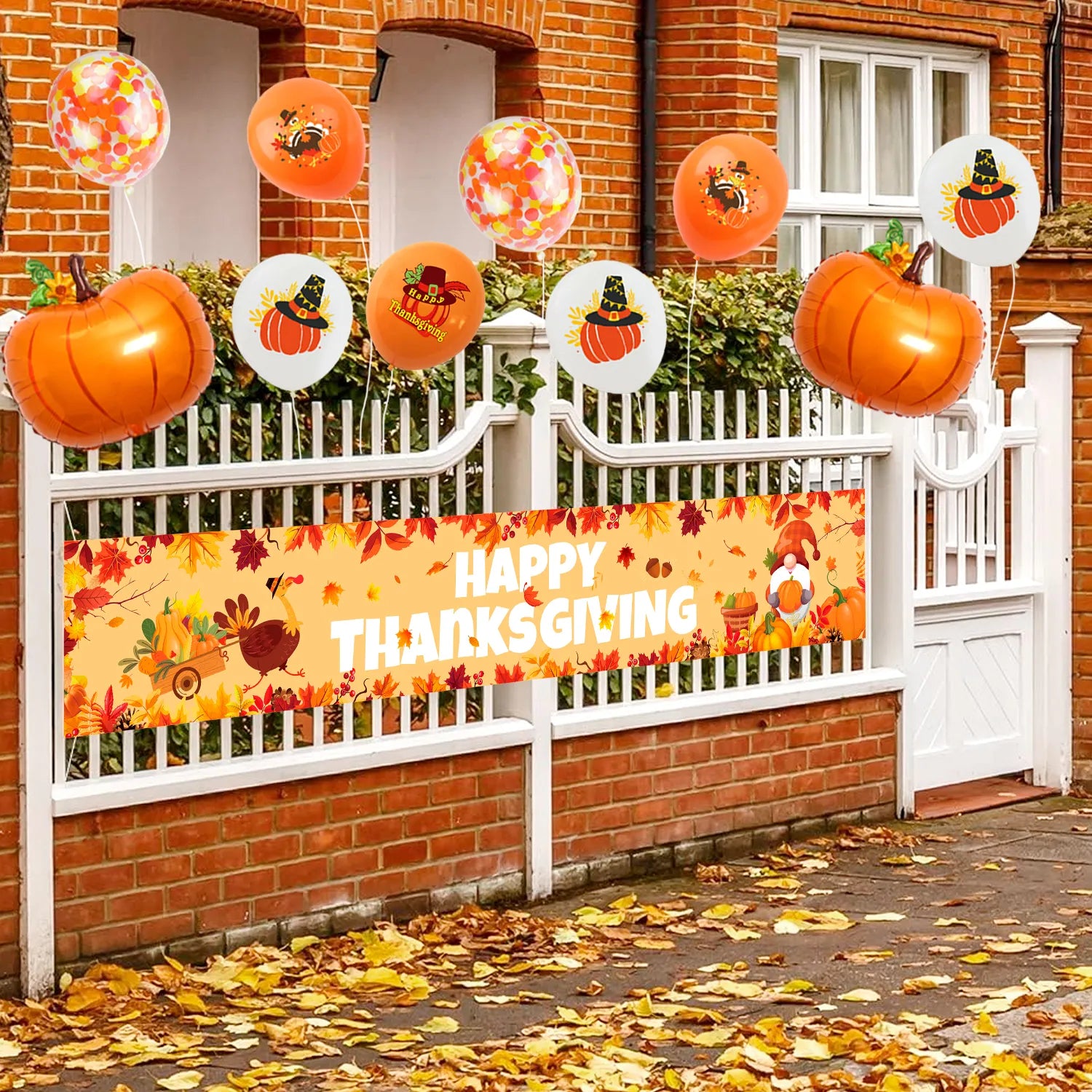 Happy Thanksgiving Fence Banner,11pcs Thanksgiving Banners for Outside&Balloon Set-Outdoor Happy Thanksgiving Banner,Thanksgiving Decorations Balloons&Foil Thanksgiving Balloons for Thanksgiving Party
