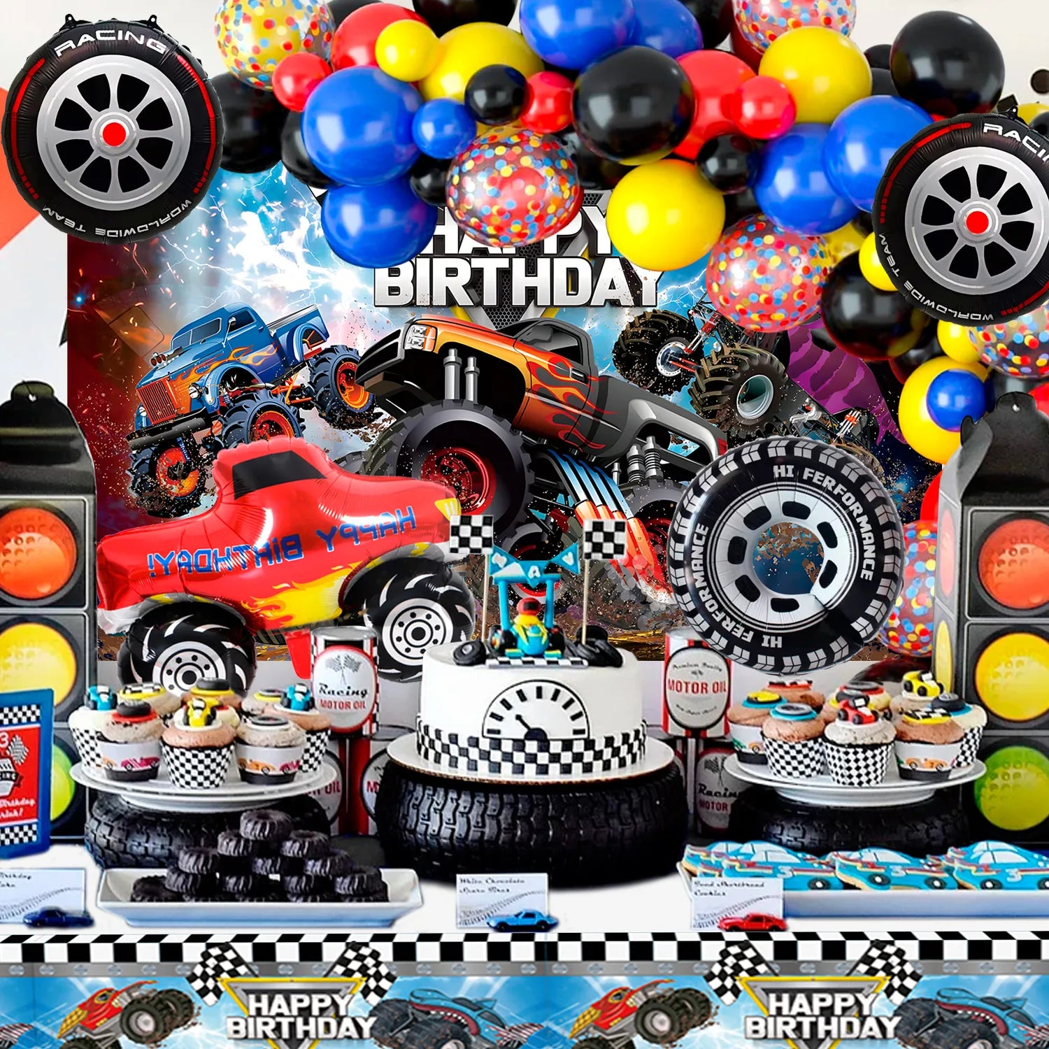 Big Tire Truck Party Supplies, 26 Pcs Truck Birthday Decorations - Monster Truck Party Balloons and Truck Birthday Backdrop Tablecloth for Big Tire Truck Birthday Party Decorations