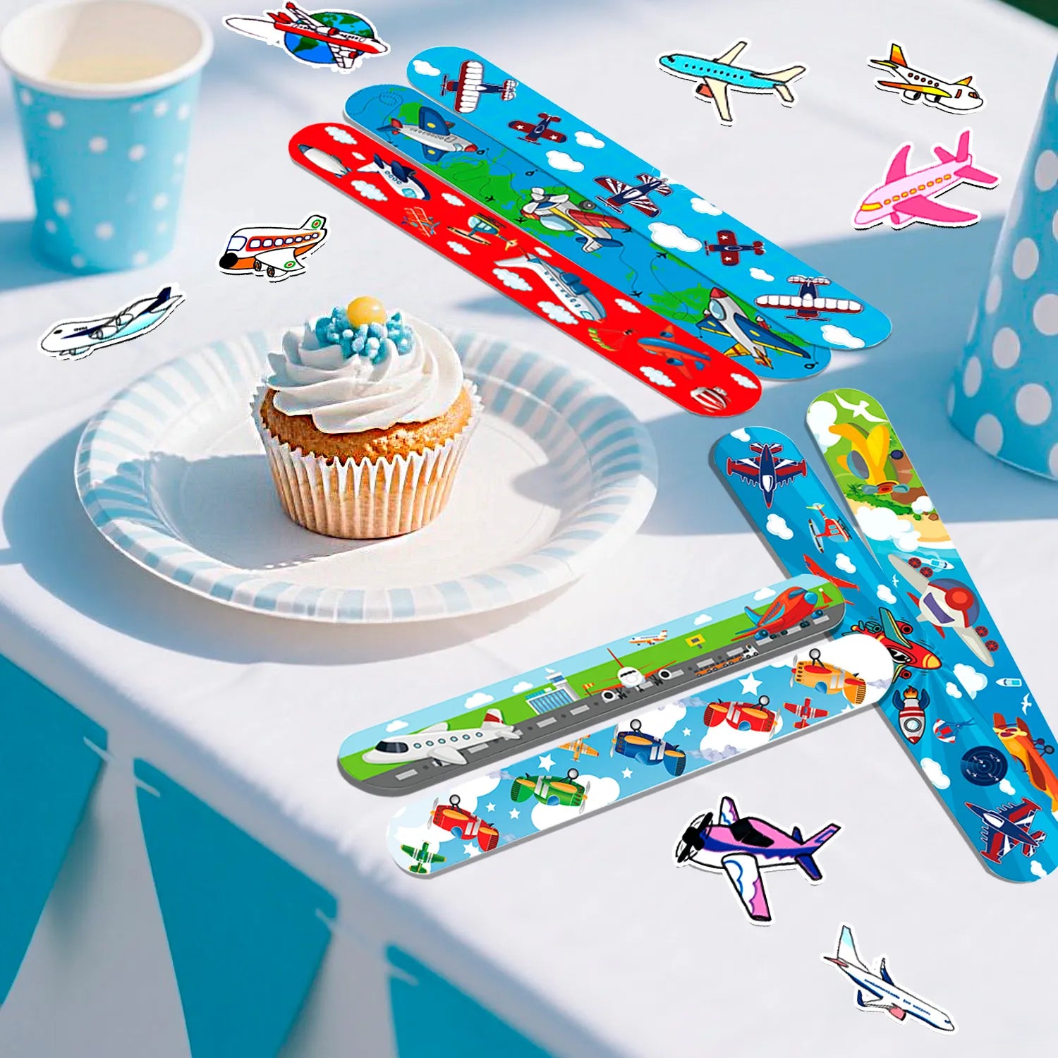 Airplane Party Favors Set - 40pcs Airplane Slap Bracelets + 50pcs Airplane Birthday Stickers for Airplane Party Decorations, Airplane Birthday Party Favors for Kids