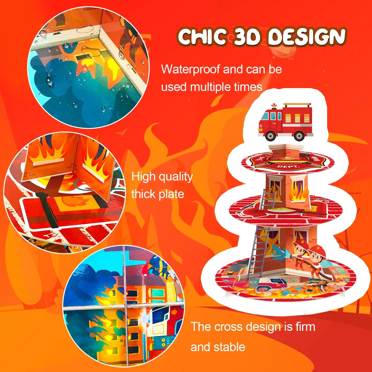 Firefighter Party Decoration Cupcake Stand, Firefighter Birthday Party Decorations - 3 Tier Fire Truck Cupcake Tower, Fire Fighter Theme Cake Holder Dessert Stand for Firetruck Birthday Decorations