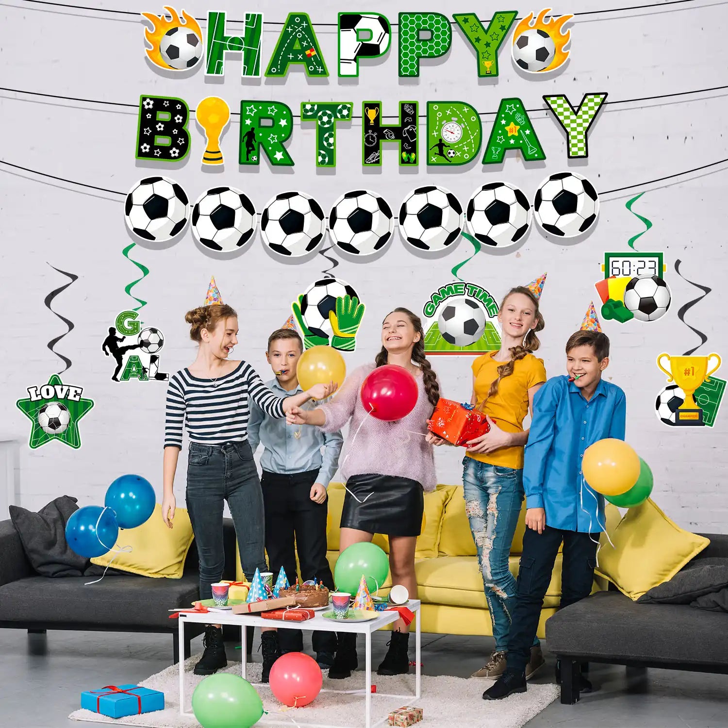 Soccer Hanging Swirl, 8 Pcs Soccer Birthday Party Decorations Set - Happy Birthday Soccer Banner, Soccer Themed Hanging Foil Swirls & Soccer Garland for Soccer Birthday Party Supplies