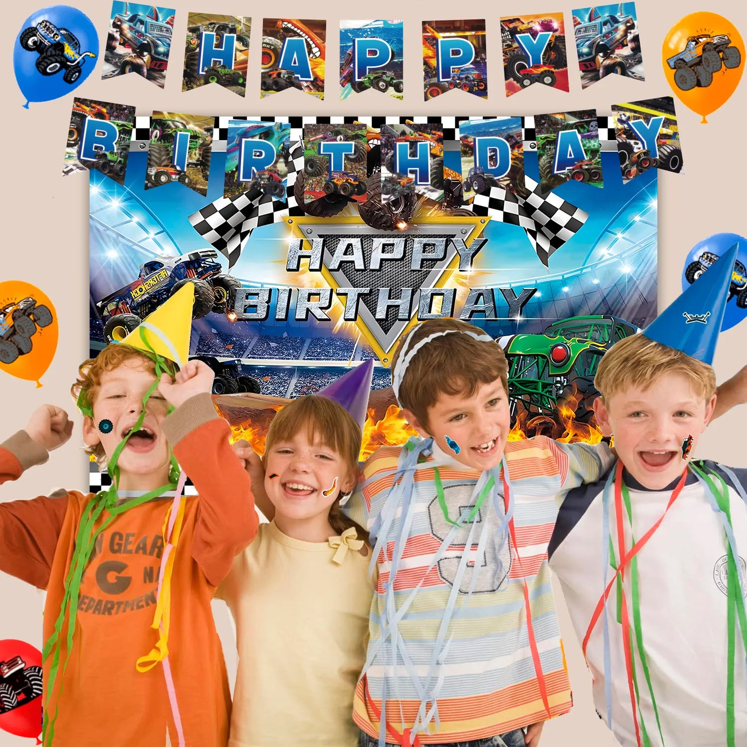 Monster Truck Birthday Party Supplies, 82pcs Monster Truck Birthday Decorations & Tableware Kit - Monster Truck Plates and Napkins Banner Backdrop etc Monster Truck Decorations for Birthday Party