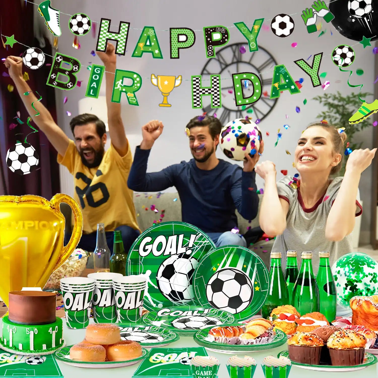 Soccer Birthday Party Supplies, 16 Guests Soccer Party Decorations & Tableware Set -Soccer Birthday Banner Balloons Tablecloth Plates Cups Napkins & Whistle Keychain,Ect Boys Sports Theme Birthday Decor