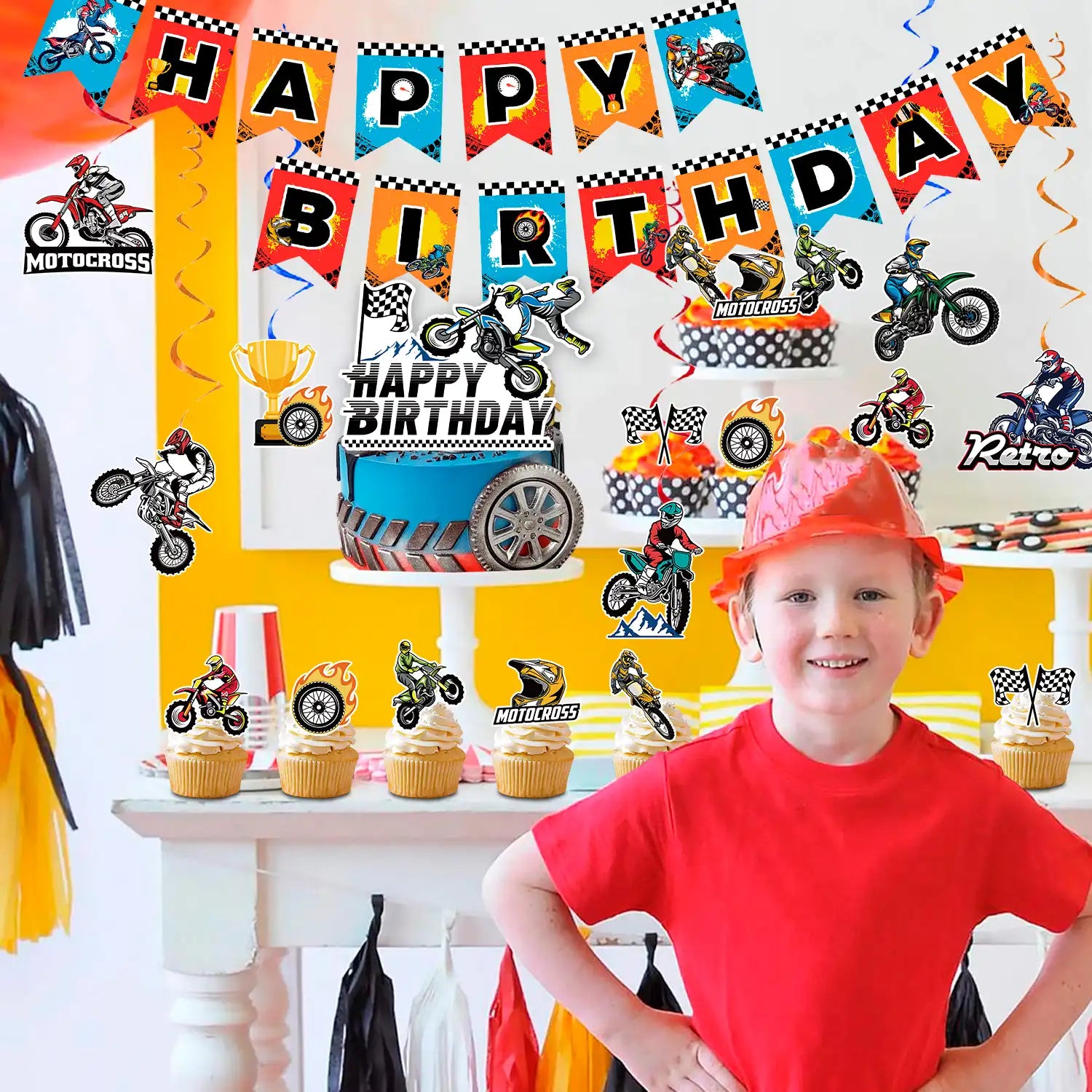 Dirt Bike Birthday Party Decorations, 20 Pcs Dirt Bike Party Supplies - Motorcycle Birthday Banner, Motocross Party Hangling Swirls & Dirt Bike Birthday Cake Topper etc Motorcycle Birthday Decorations