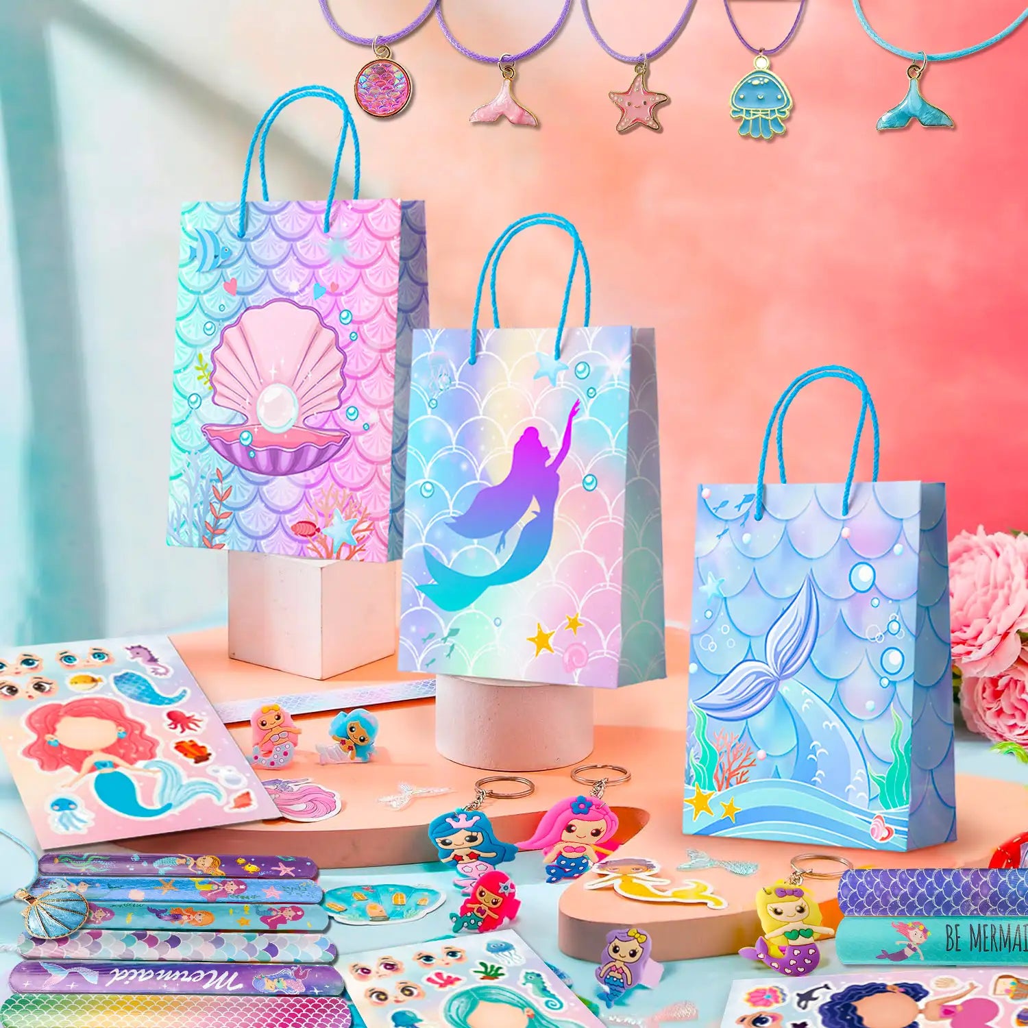 84pcs Mermaid Party Favors for Boys and Girls with Mermaid Birthday Rings Keychain Slap Bracelets Bags Hair Clips Necklace etc Mermaid Birthday Party Favors for Mermaid Birthday Decorations Supplies