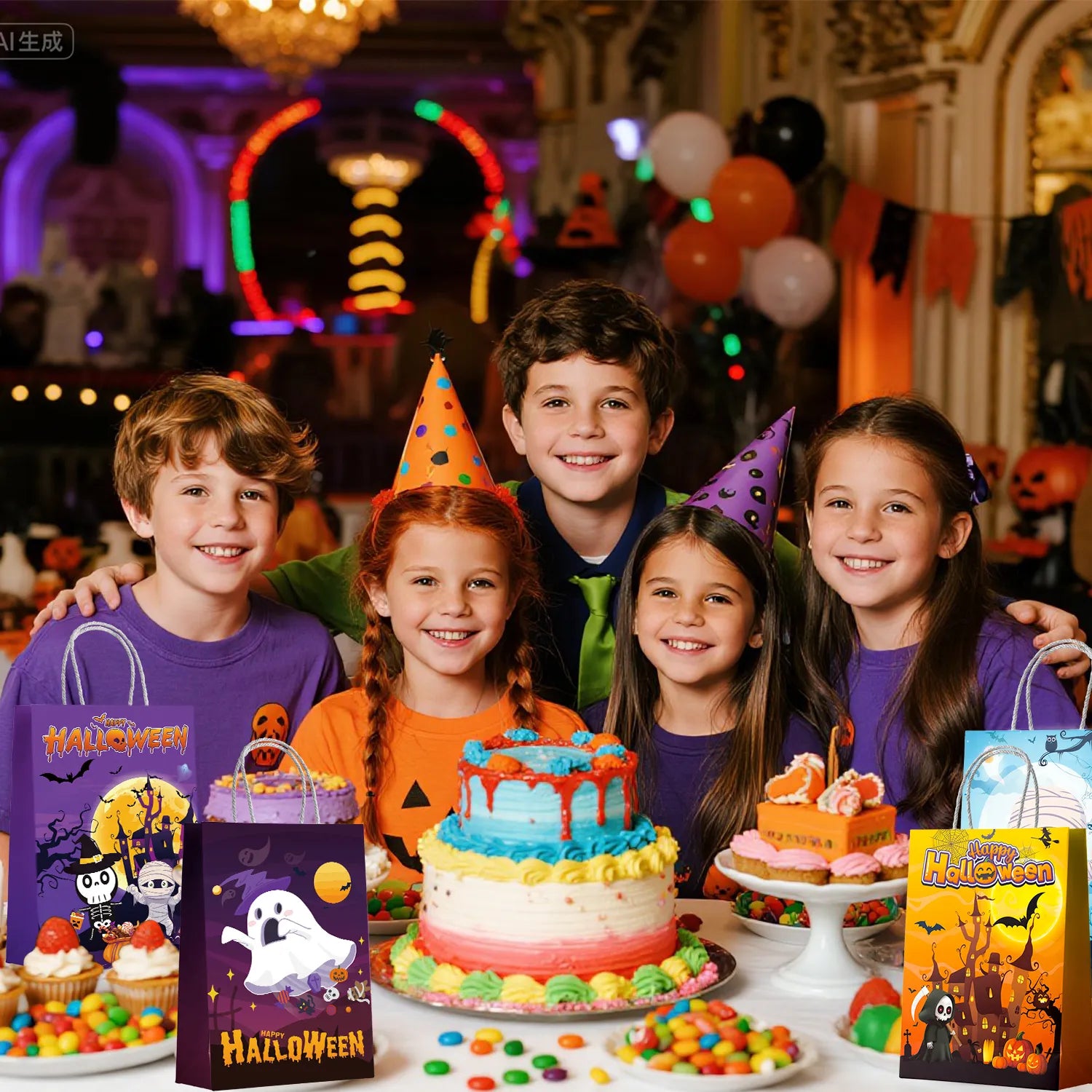 24 Halloween Handle Gift Bags, Halloween Party Bags, Candy Bags, and Gift Bags for Party Favors, Halloween Tricks, Children's Birthday Parties, and Party Decorations (6 Styles)