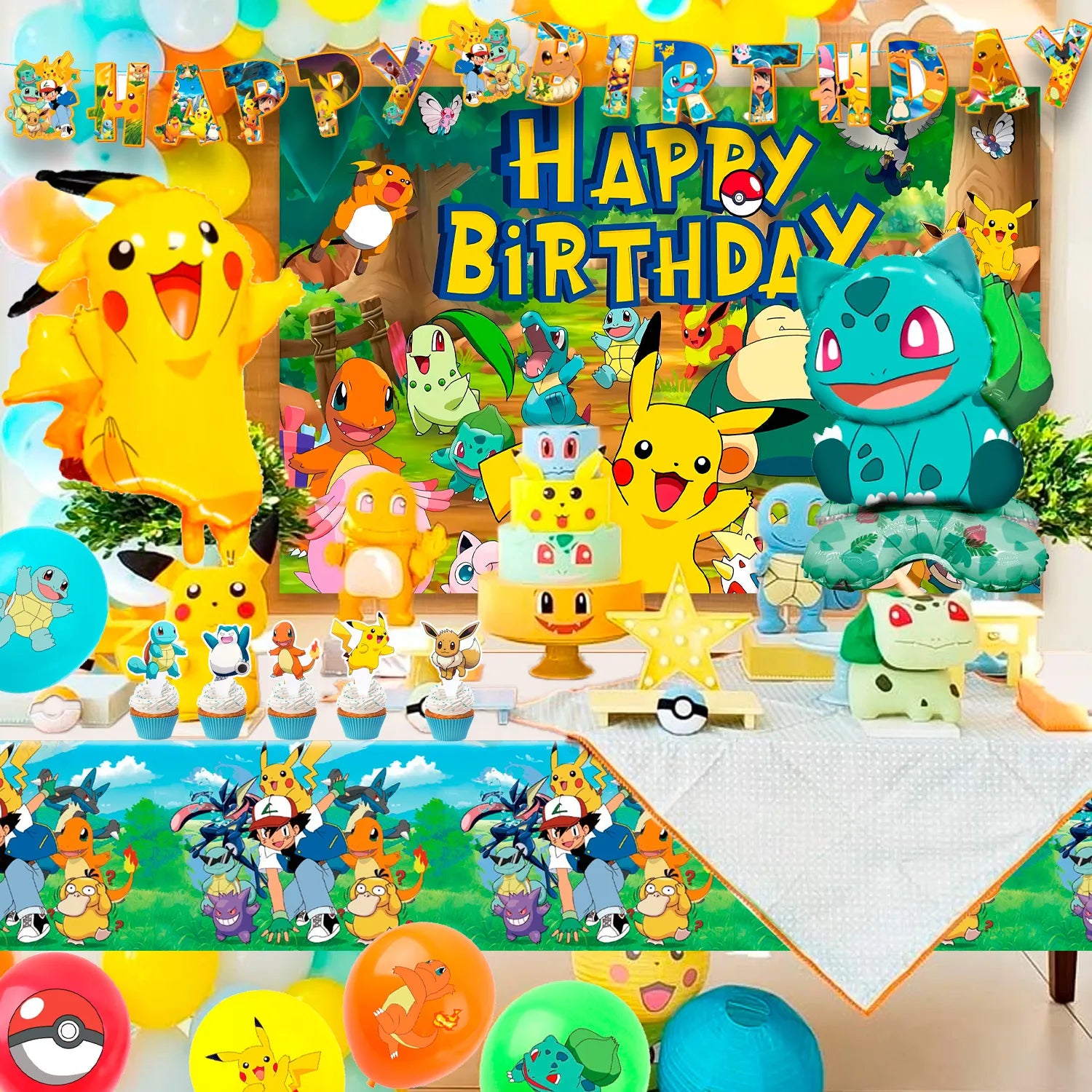 Pokemon Party Supplies Set,38 Pcs Pokemon Themed Birthday Decorations - Pokemon Balloons Banners Cake Topper and Pokemon Birthday Balloons for Kids Pokemon Themed Birthday Party