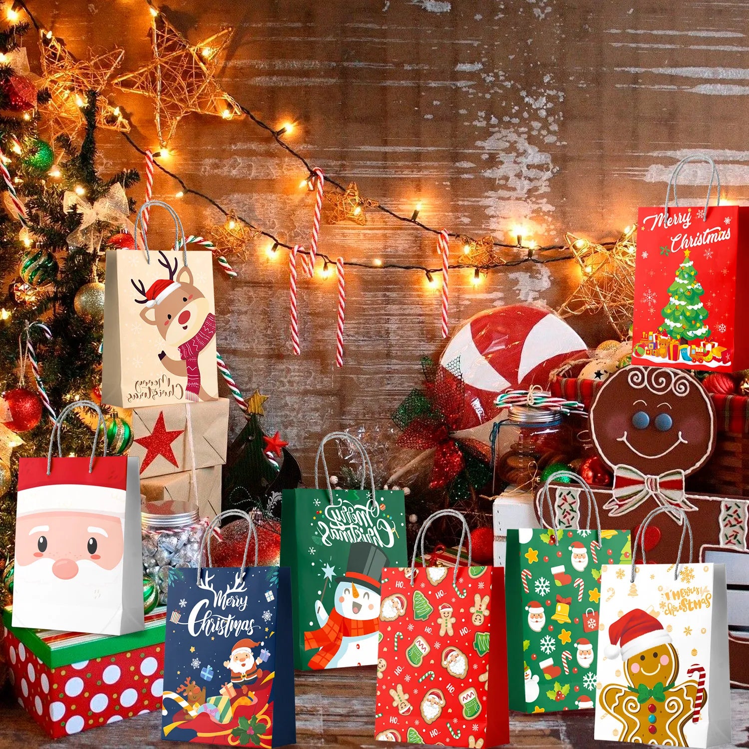 Christmas Bags Bulk, 24 Pcs Xmas Bags for Gifts Set - Christmas Wrapping Bags, Christmas Party Gift Bags & Christmas Paper Bags with Handles, for Kids/Men/Women Christmas Party Decorations Presents