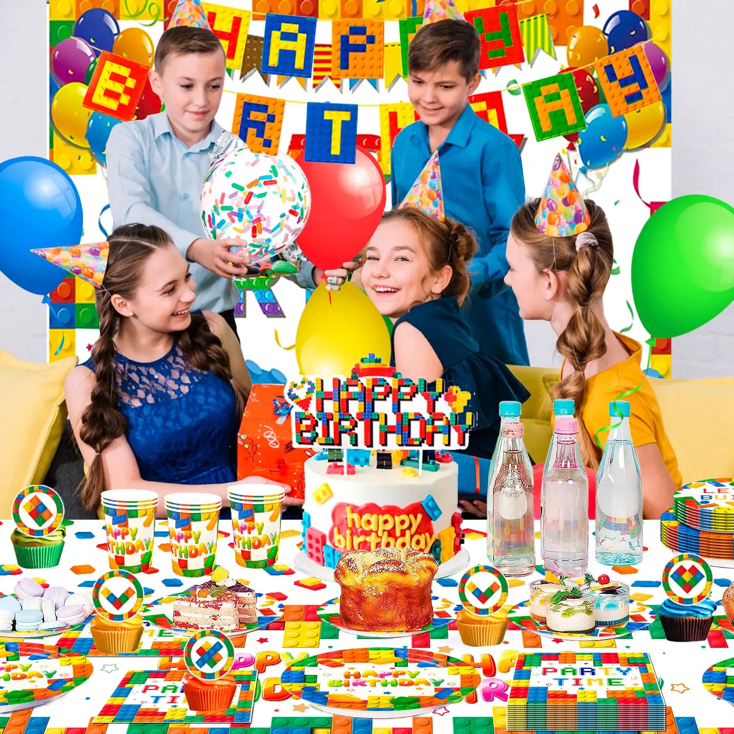 Building Block Birthday Party Supplies, 10 Guests Building Blocks Party Decorations & Tableware Set - Building Block Party Plates Tablecloth Banner Backdrop etc Building Blocks Themed Party Supplies