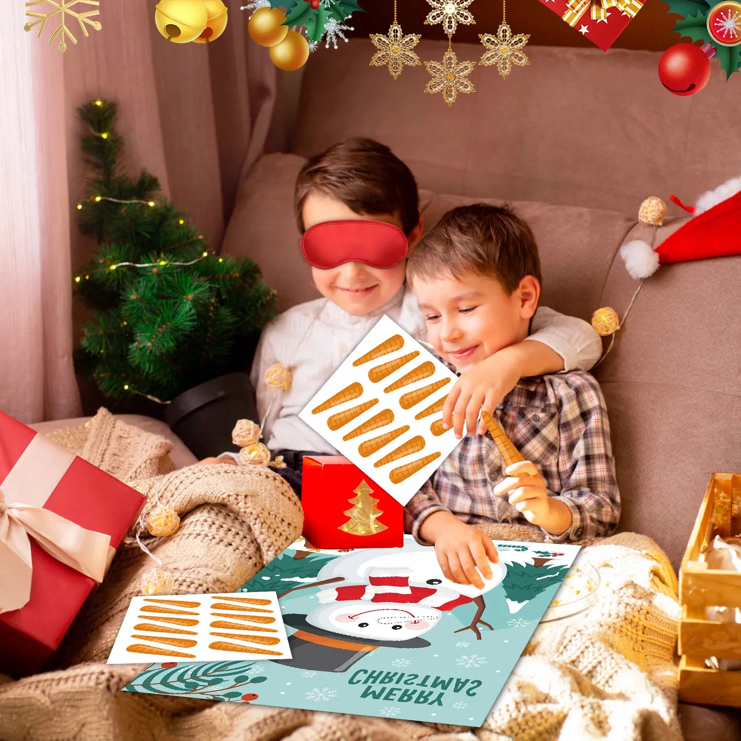 Christmas Pin The Nose Game, 5 Pcs Pin The Nose on The Snowman Game Supplies - Christmas Pin The Poster, Christmas Party Blindfold and Carrot Nose Christmas Stickers for Kids Christmas Party Games