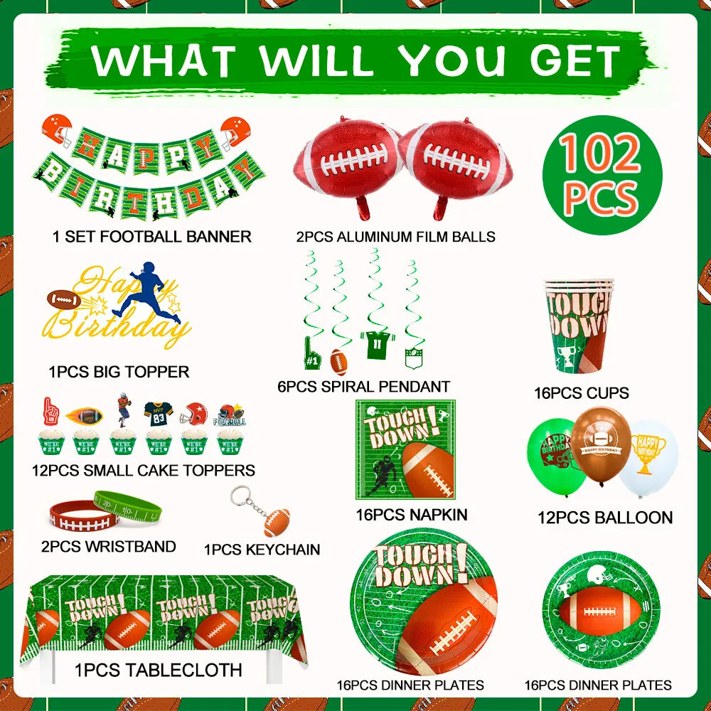16 Guests Football Birthday Party Decorations & Tableware Includ Football Birthday Banner Tablecloth Plates Cups Napkins and Football Silicone Bracelet Balloons ect Boys Football Theme Party Supplies
