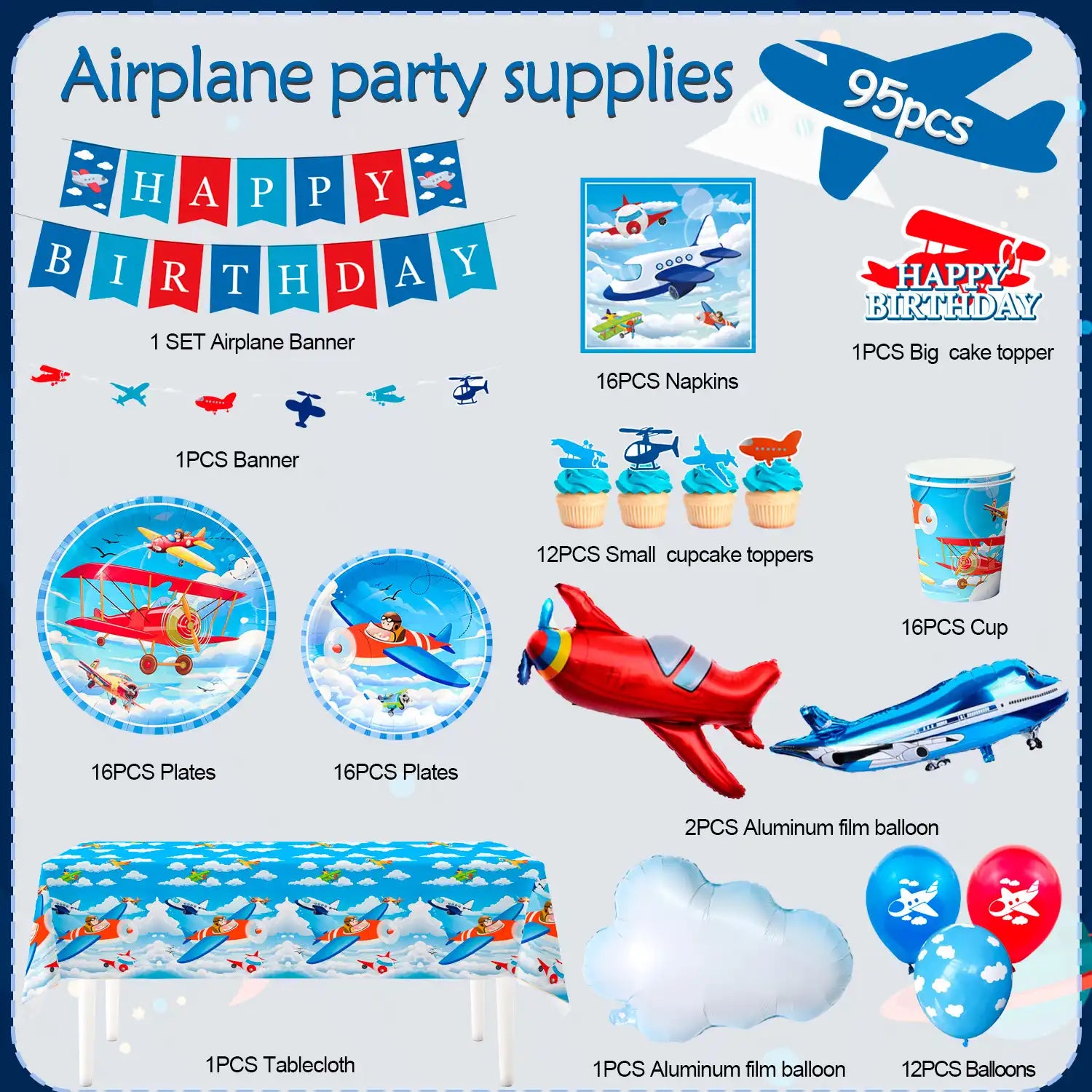 Airplane Birthday Party Decorations, 16 Guests Airplane Party decorations & Airplane Party Tableware set - Airplane Plates Napkins Cups Table Cloth Balloons Backdrop etc Airplane Birthday Party Supplies