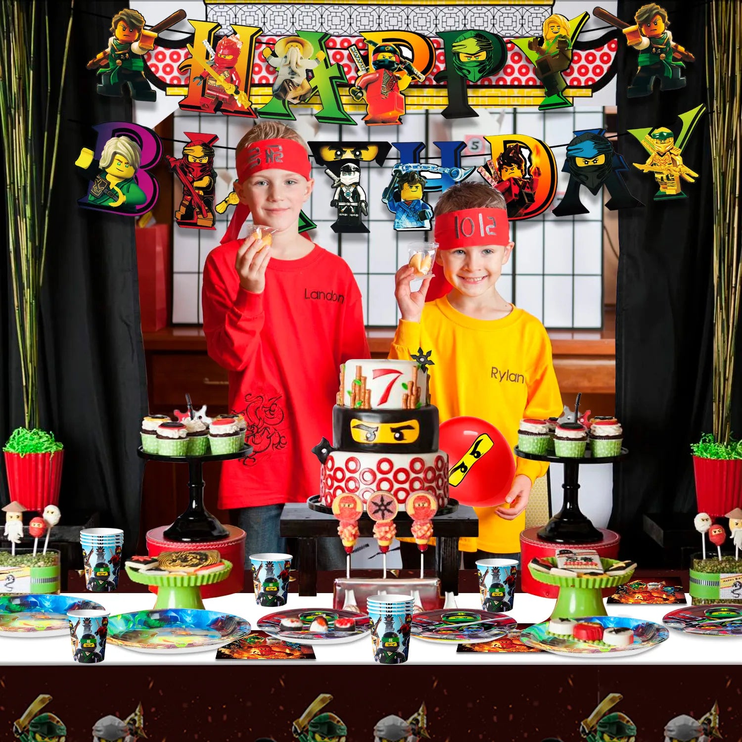 Ninja Birthday Party Decoration Tableware Set, 16-Person Ninja Party Supplies Tableware - Ninja Table Cloth Banner Plates Napkins Cups etc for Ninja Birthday Party Decorations Serves 16