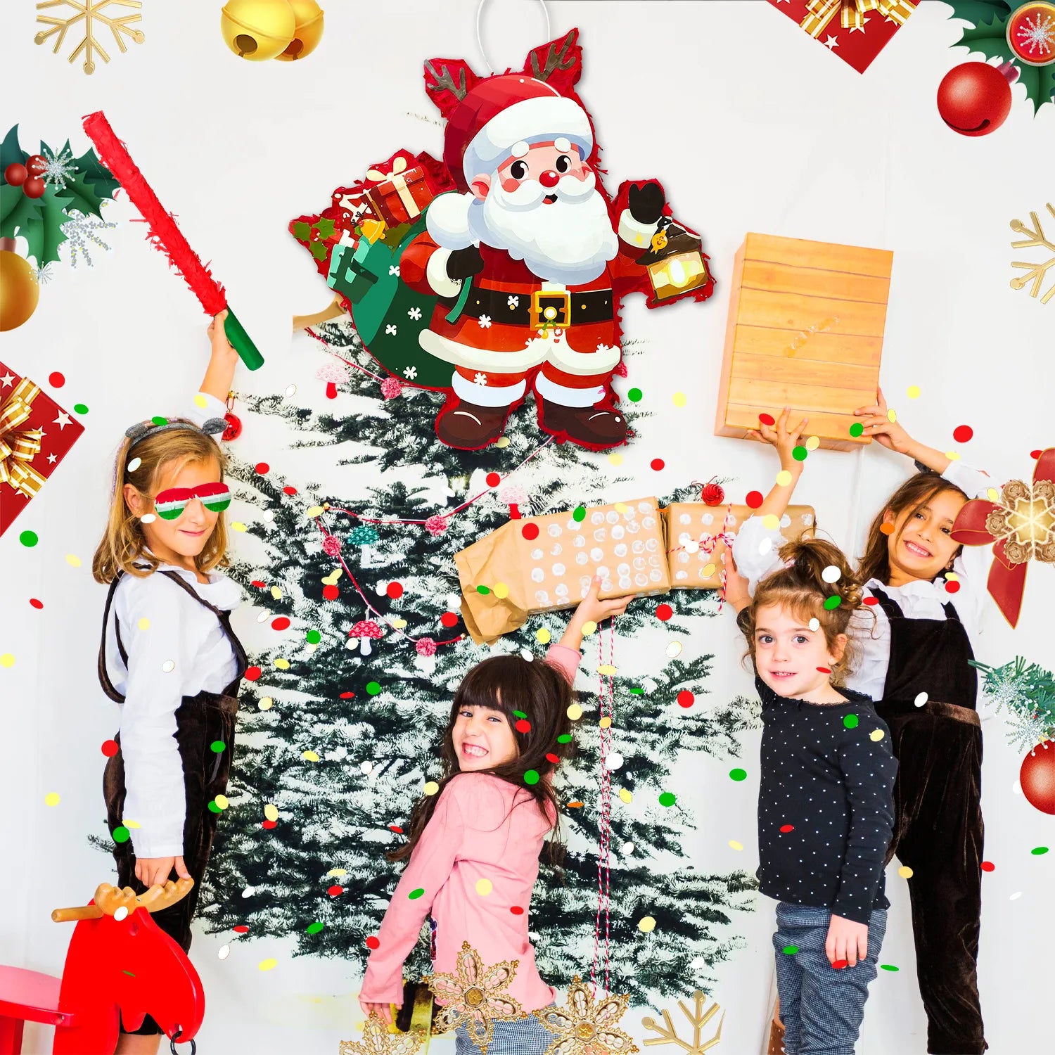 Christmas Santa Claus Piñata, 13.3'' Christmas Piñata Bundle - Santa Claus Piñata, Christmas Party Games Stick Blindfold etc Christmas Decorations for Christmas Party Decorations Piñata